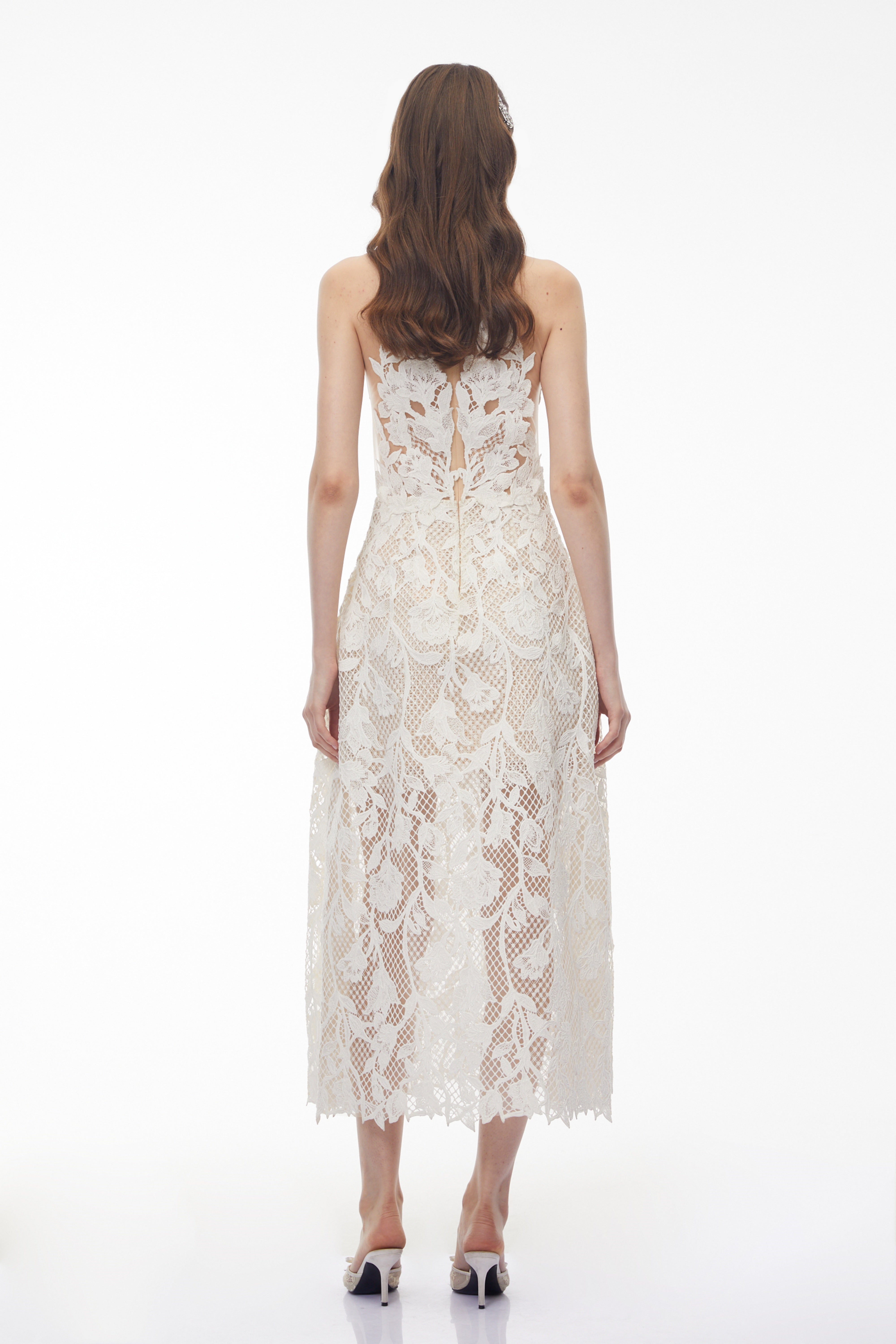 Yolanda White Midi Dress with Floral Applique