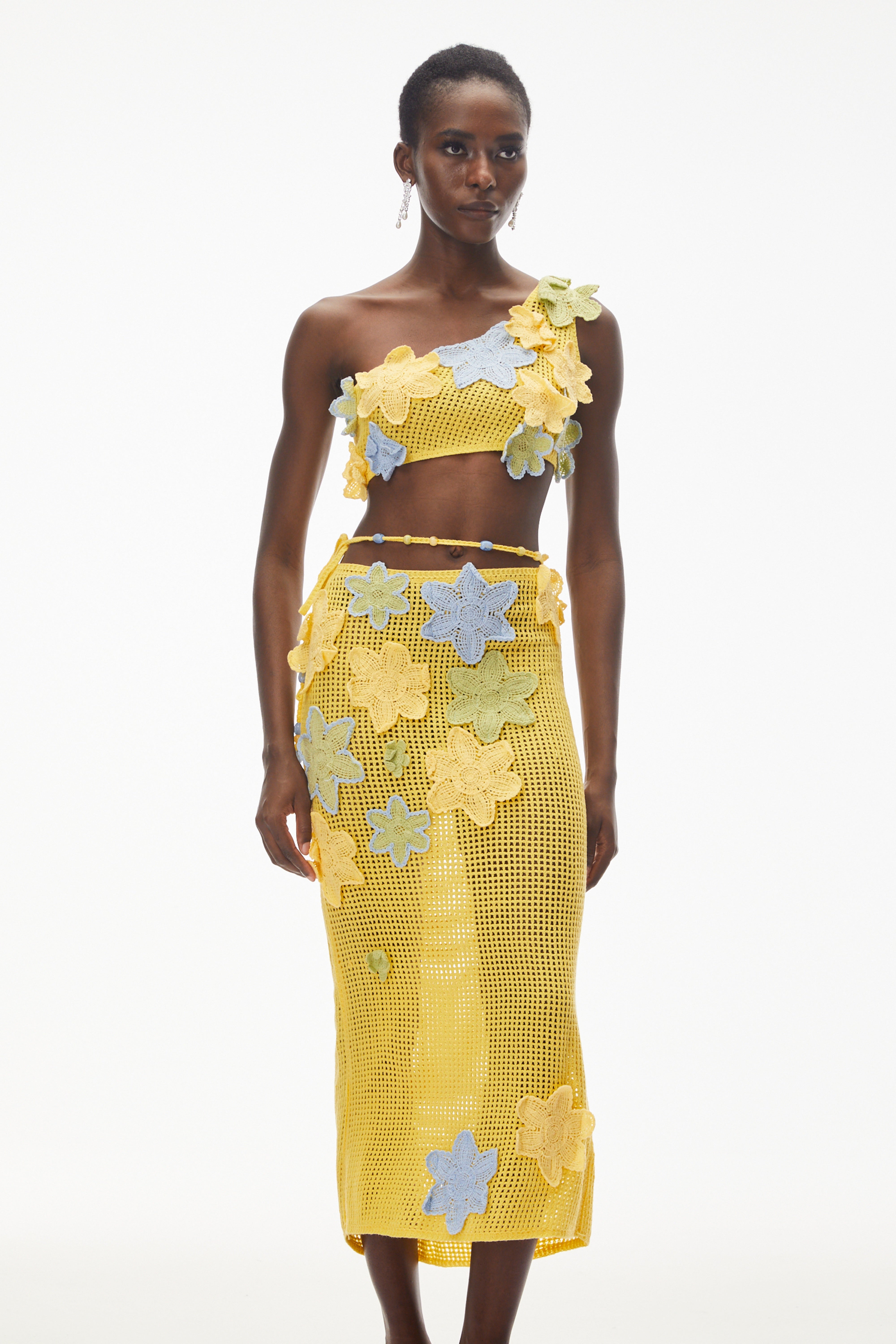 Ysabeau Yellow Asymmetrical Top & Skirt Set with 3D Florals