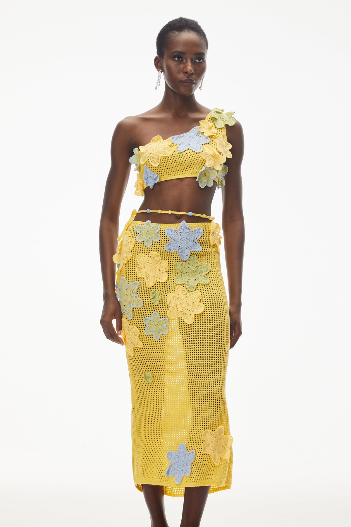 Ysabeau Yellow Asymmetrical Top & Skirt Set with 3D Florals