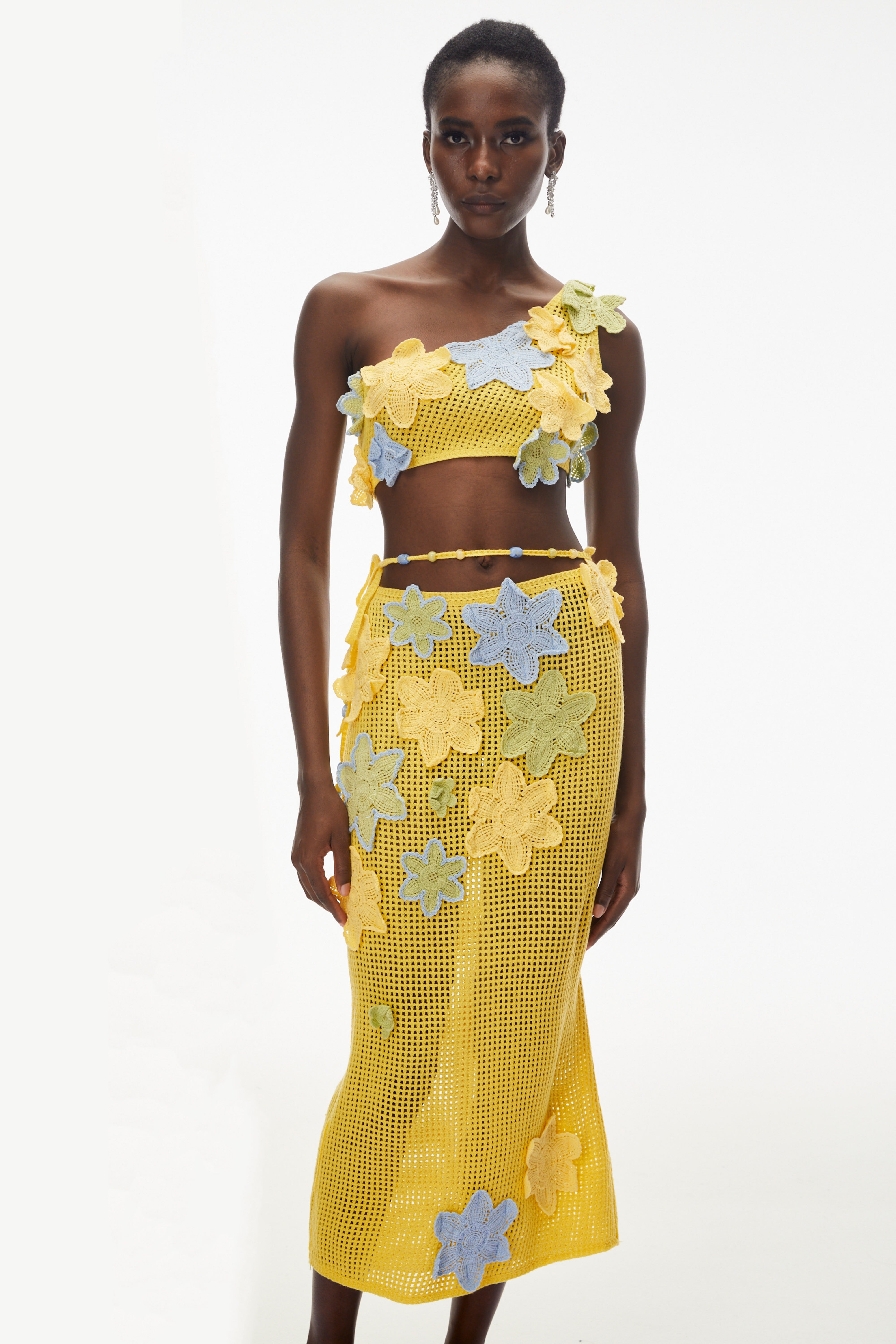 Ysabeau Yellow Asymmetrical Top & Skirt Set with 3D Florals