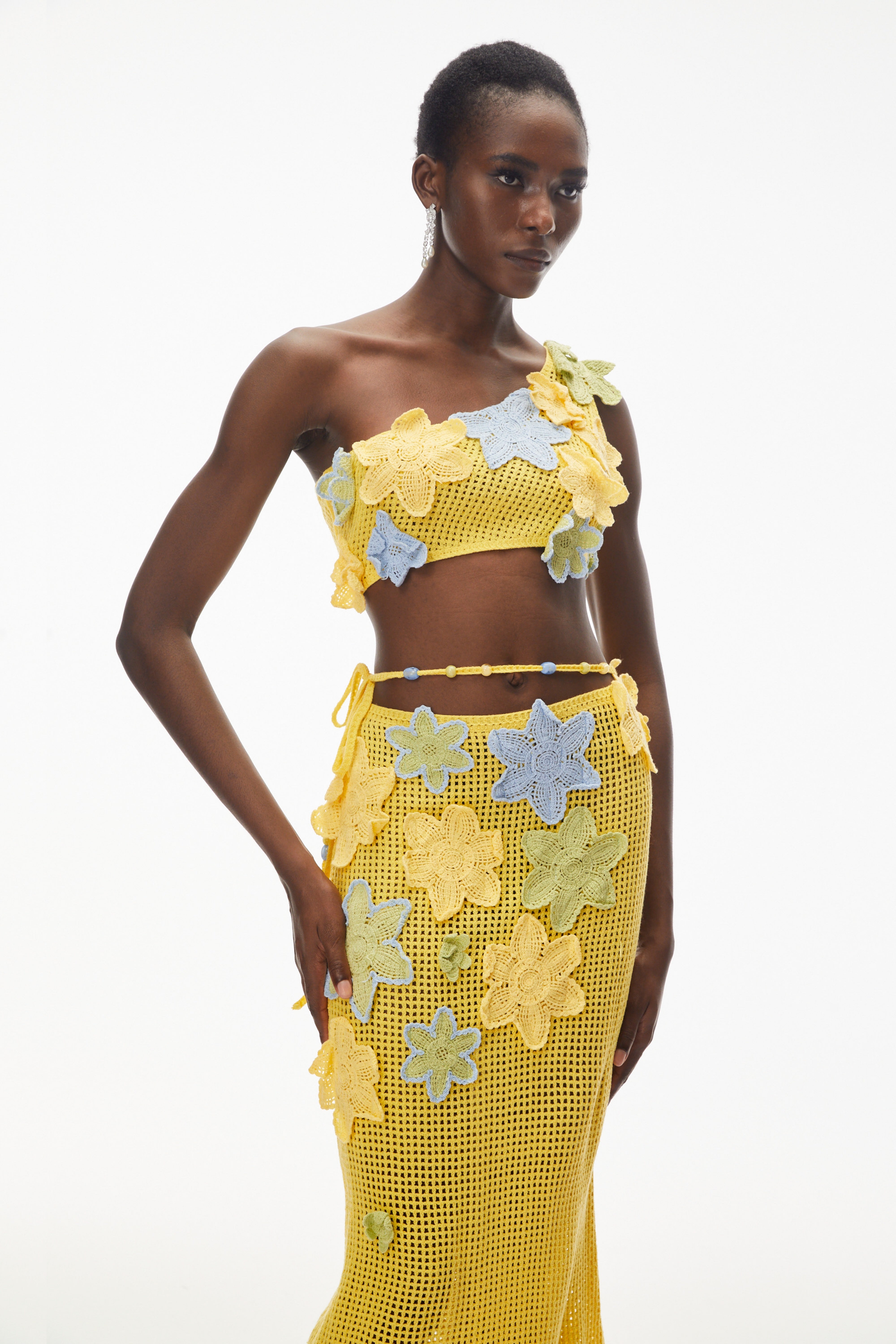 Ysabeau Yellow Asymmetrical Top & Skirt Set with 3D Florals
