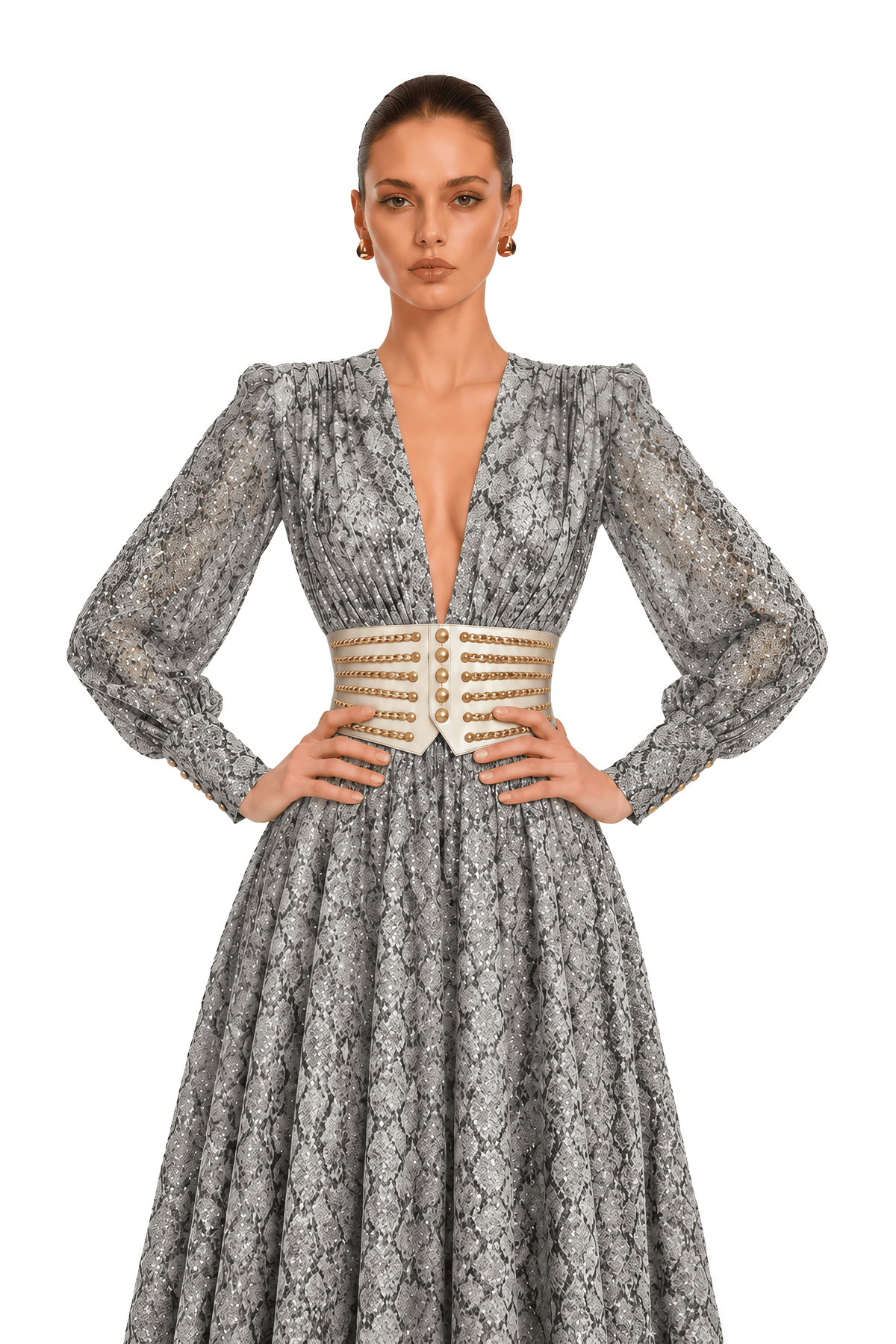 ysella grey embellished plunge belted maxi dress