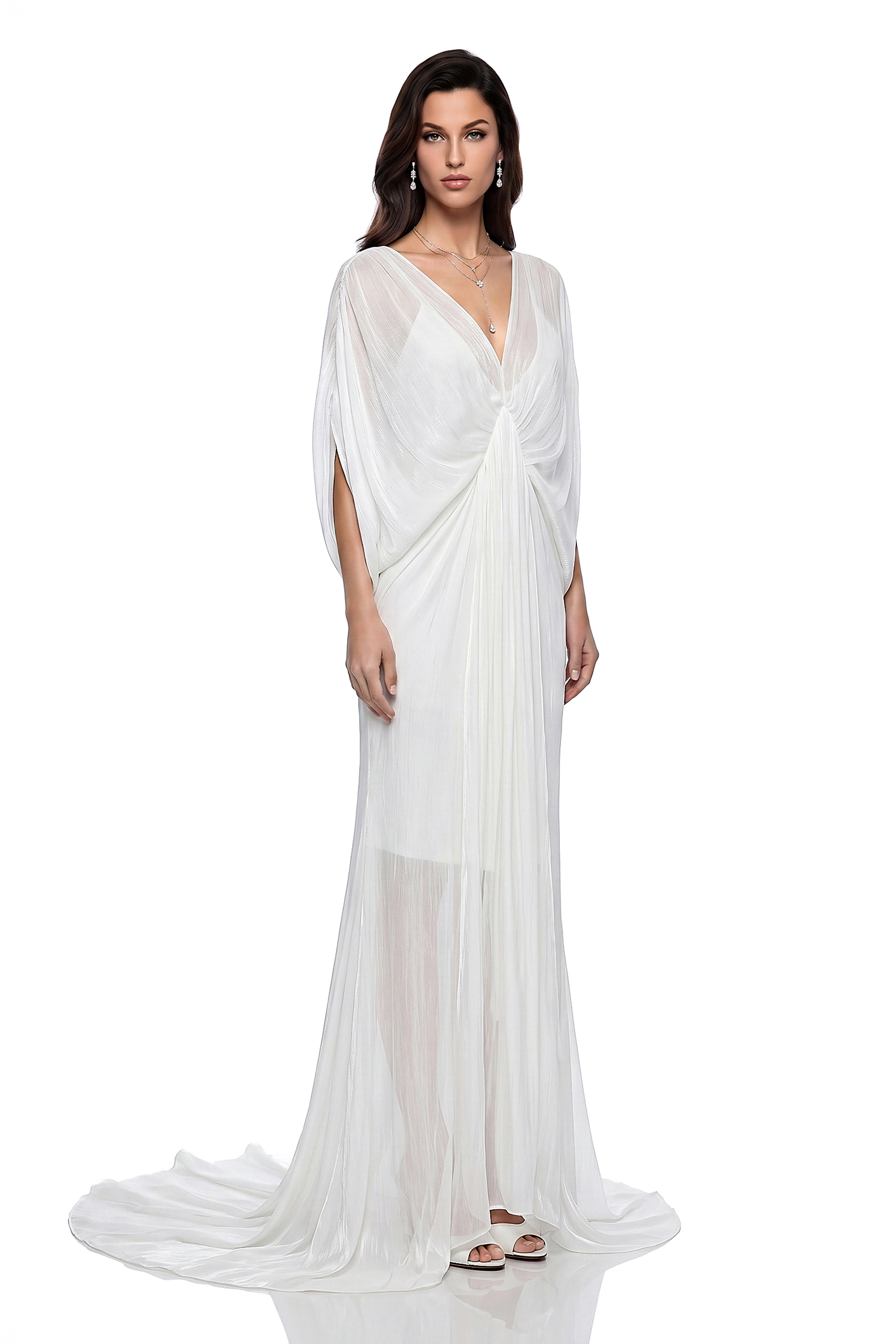 Yseult White Backless Tulle Ruched Maxi Dress