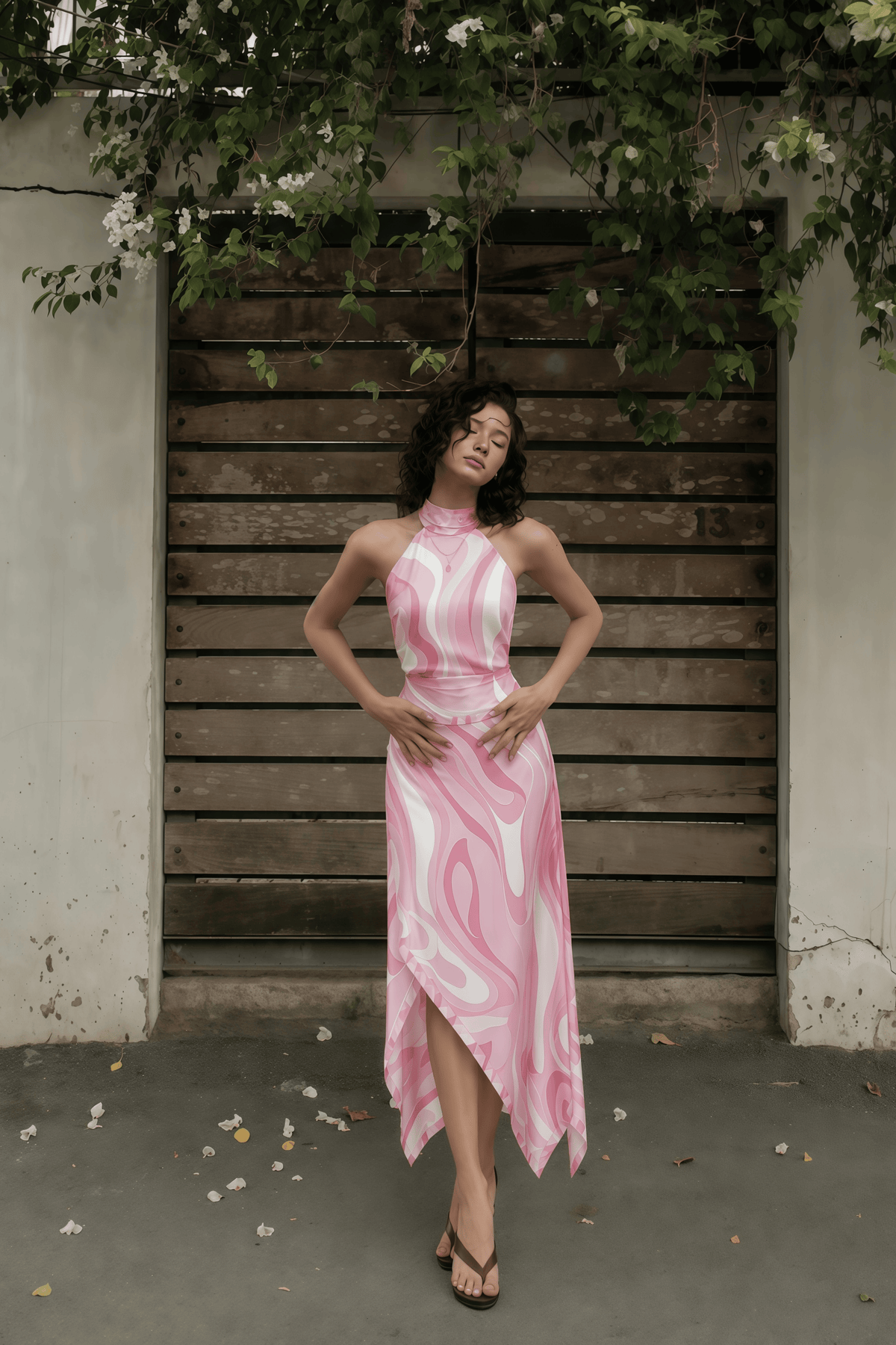 yvette pink abstract print halterneck crop top & skirt set