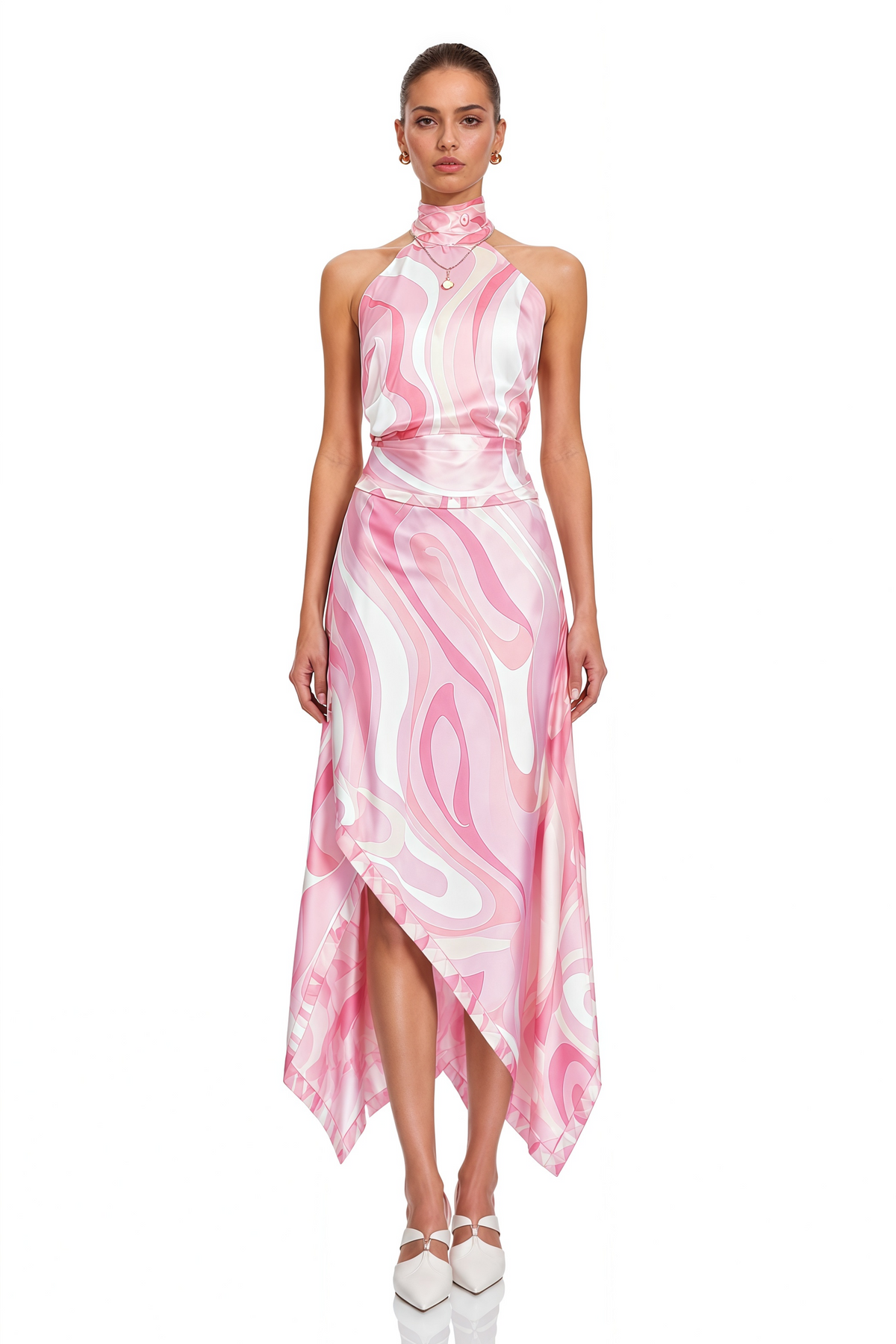 yvette pink abstract print halterneck crop top & skirt set