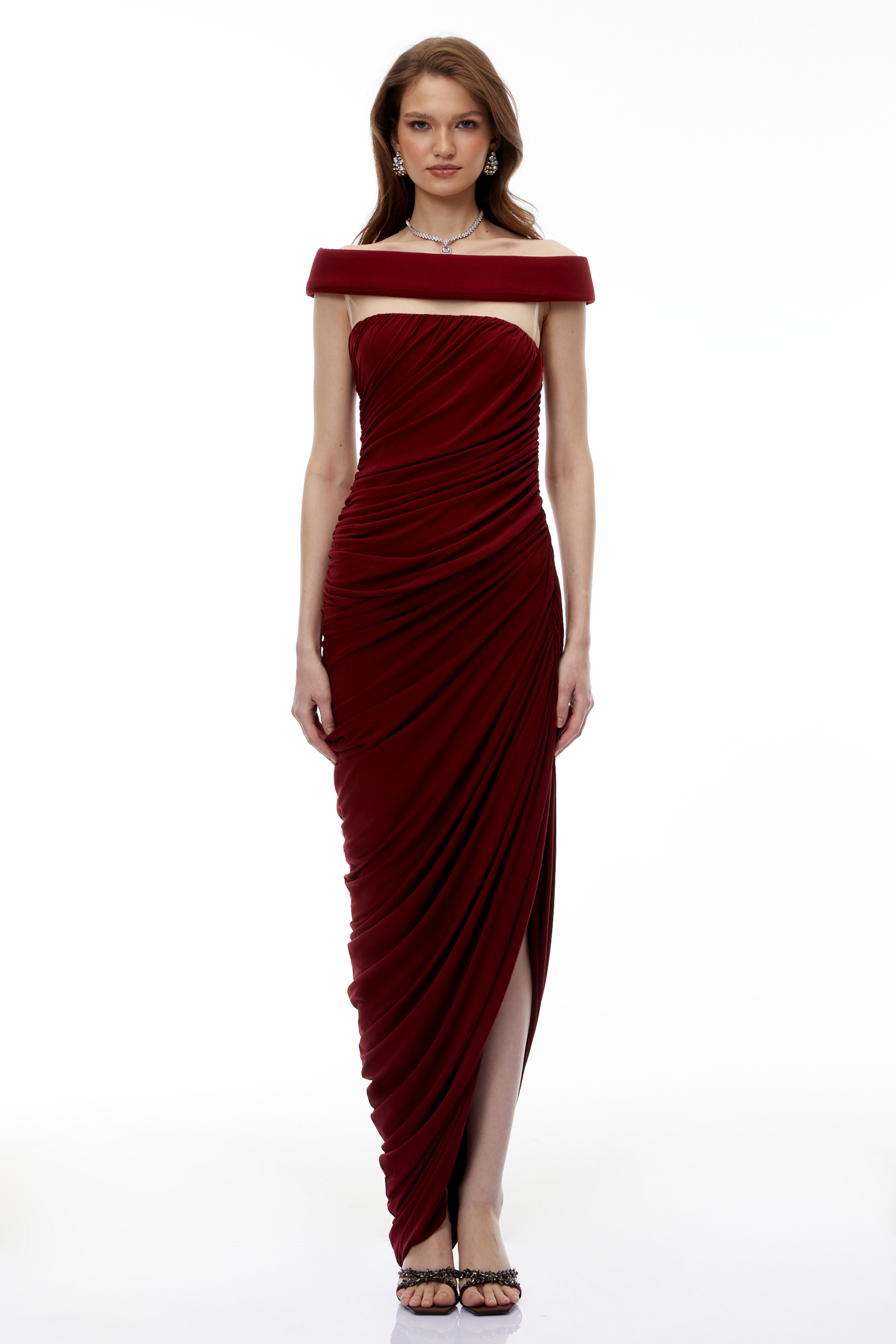 Zakiya Red Off Shoulder Ruched Maxi Dress