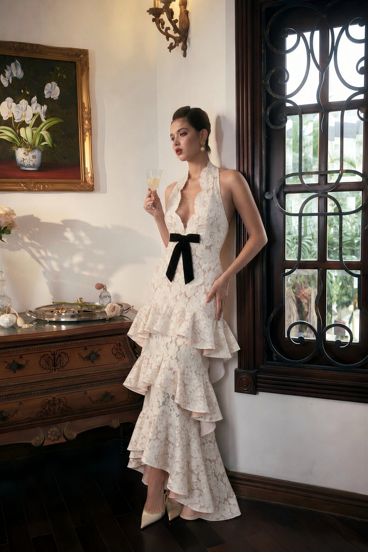 zehra beige halterneck tiered lace maxi dress with bow detail