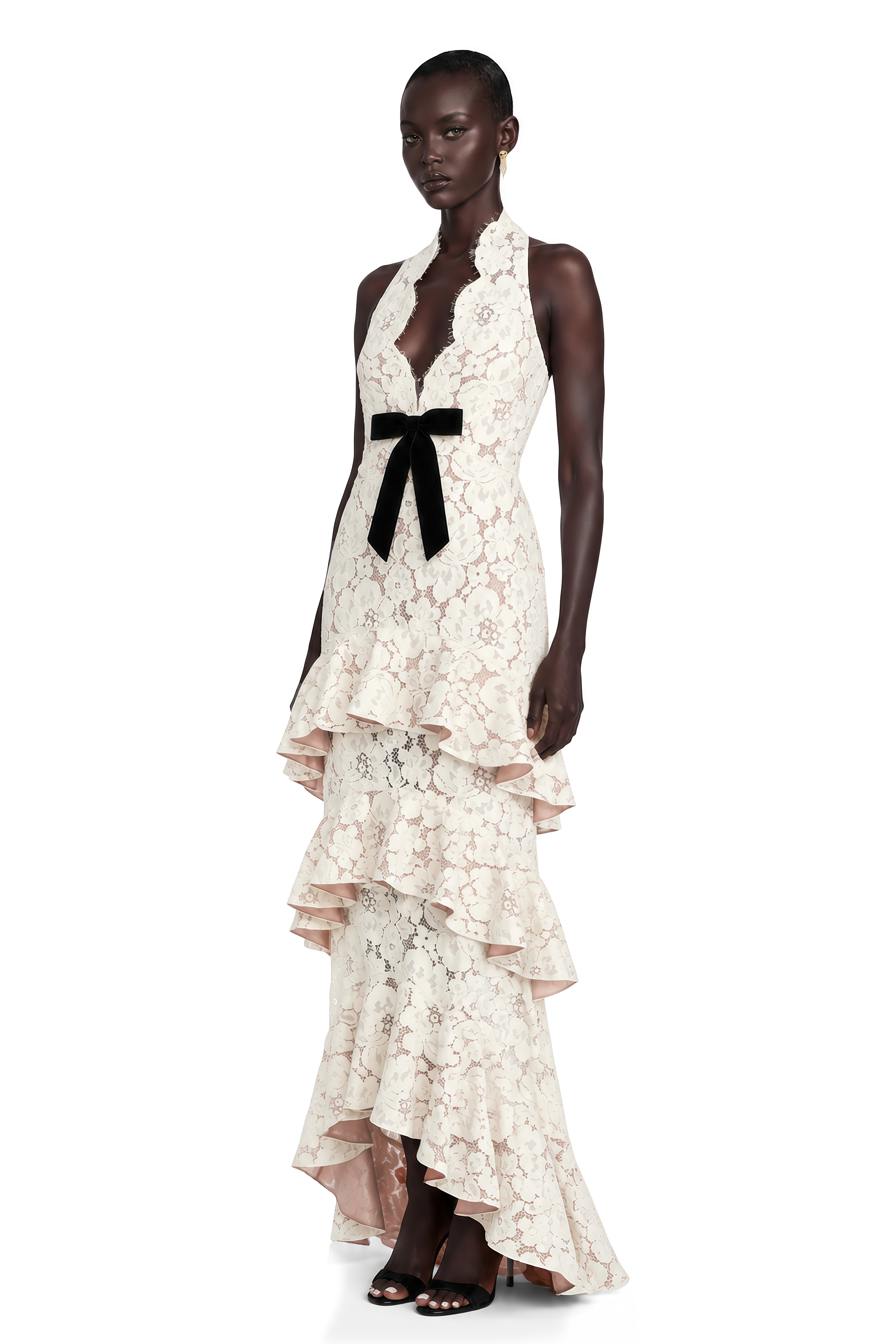 Zehra White Halterneck Tiered Lace Maxi Dress with Bow Detail