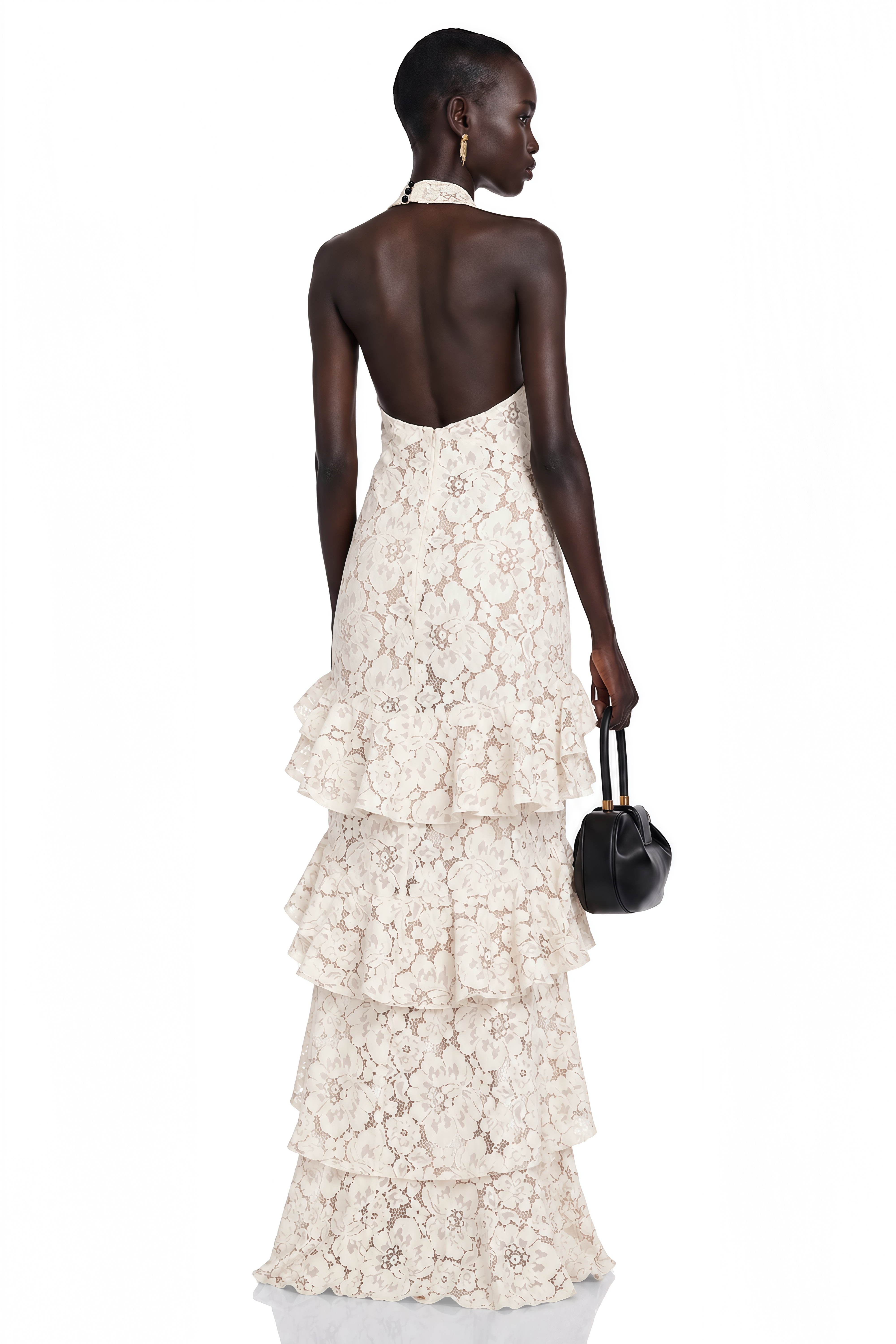 Zehra White Halterneck Tiered Lace Maxi Dress with Bow Detail