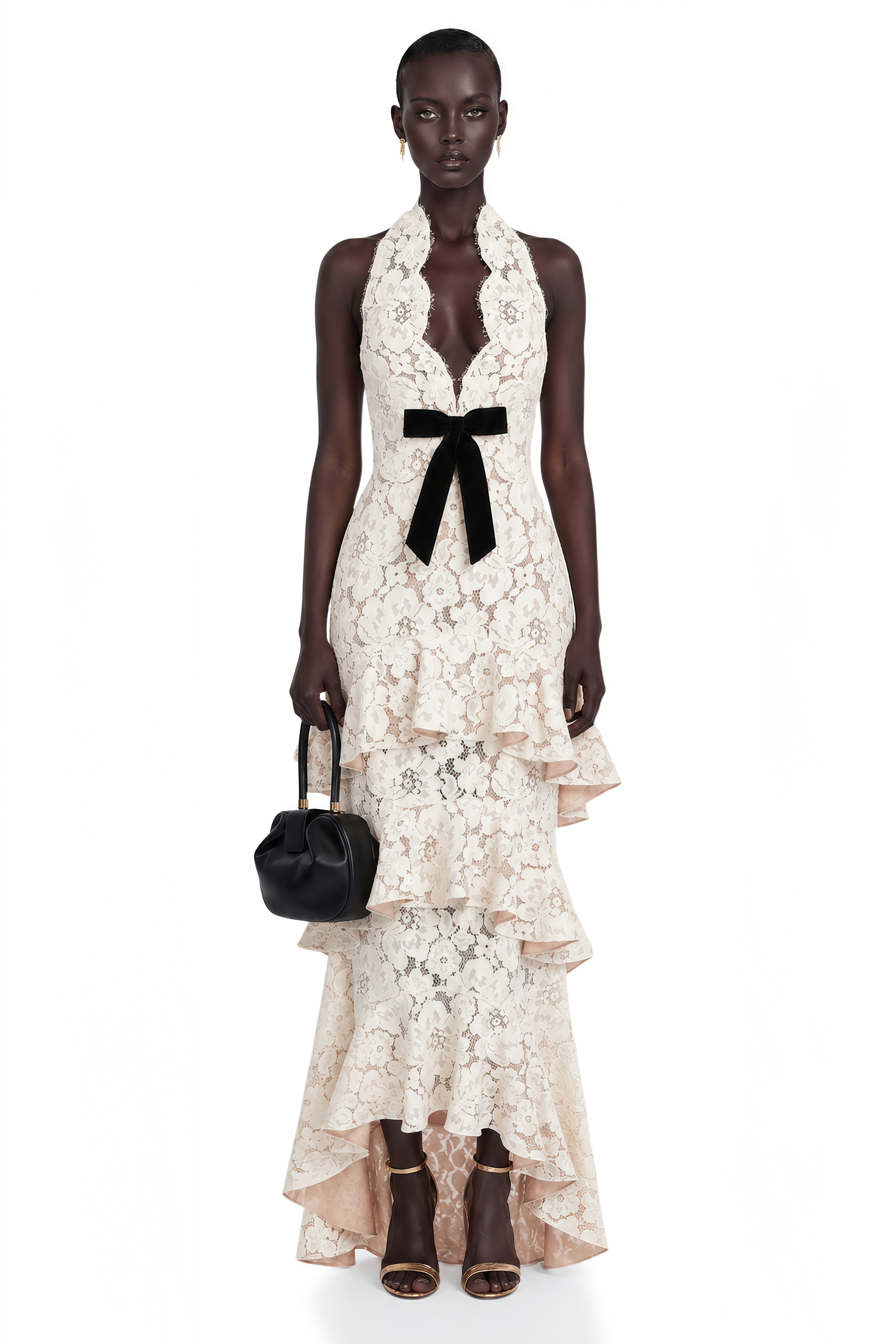 Zehra White Halterneck Tiered Lace Maxi Dress with Bow Detail