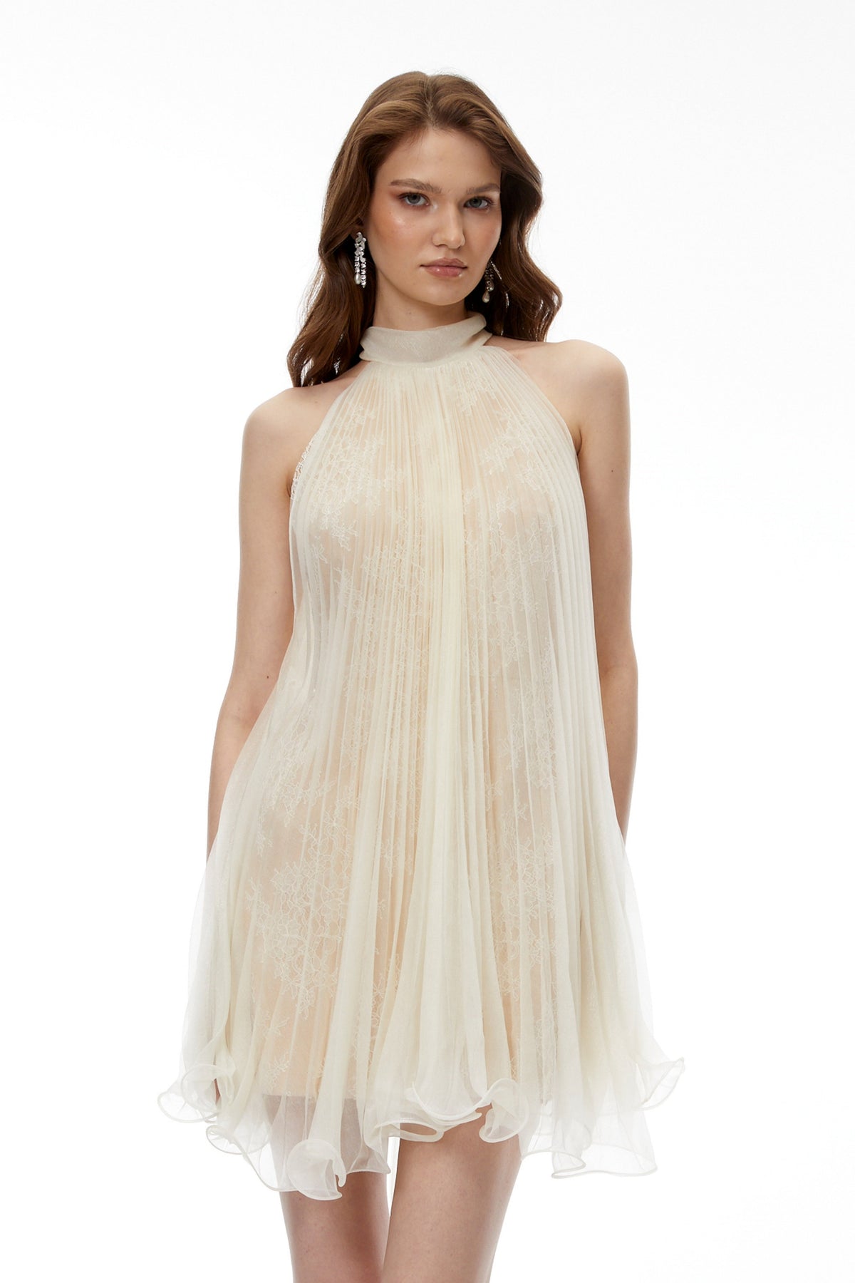 Zélie Neutral Ruffled Pleated Mini Dress