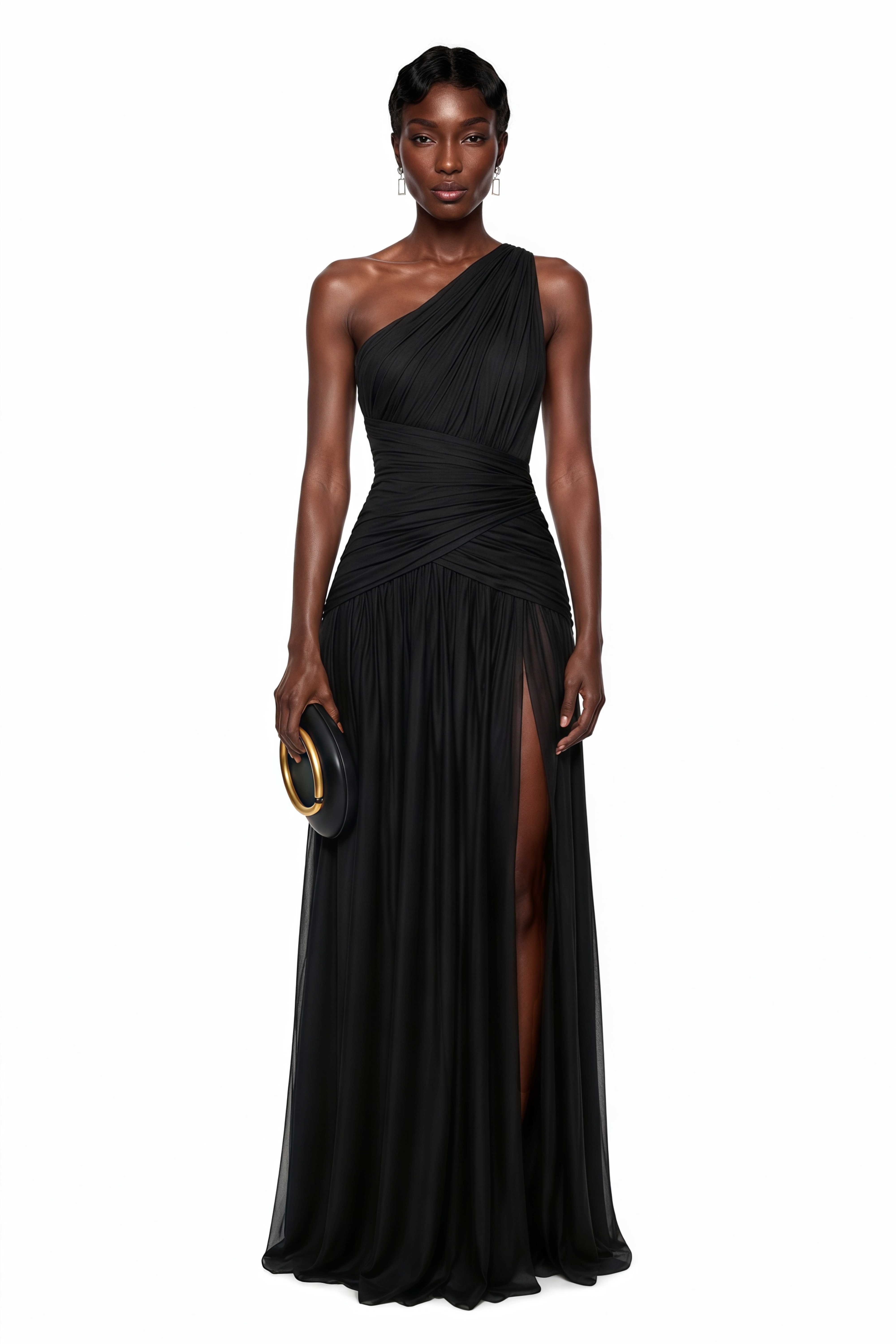 Zeliha Black One Shoulder Cross Front Ruched Maxi Dress