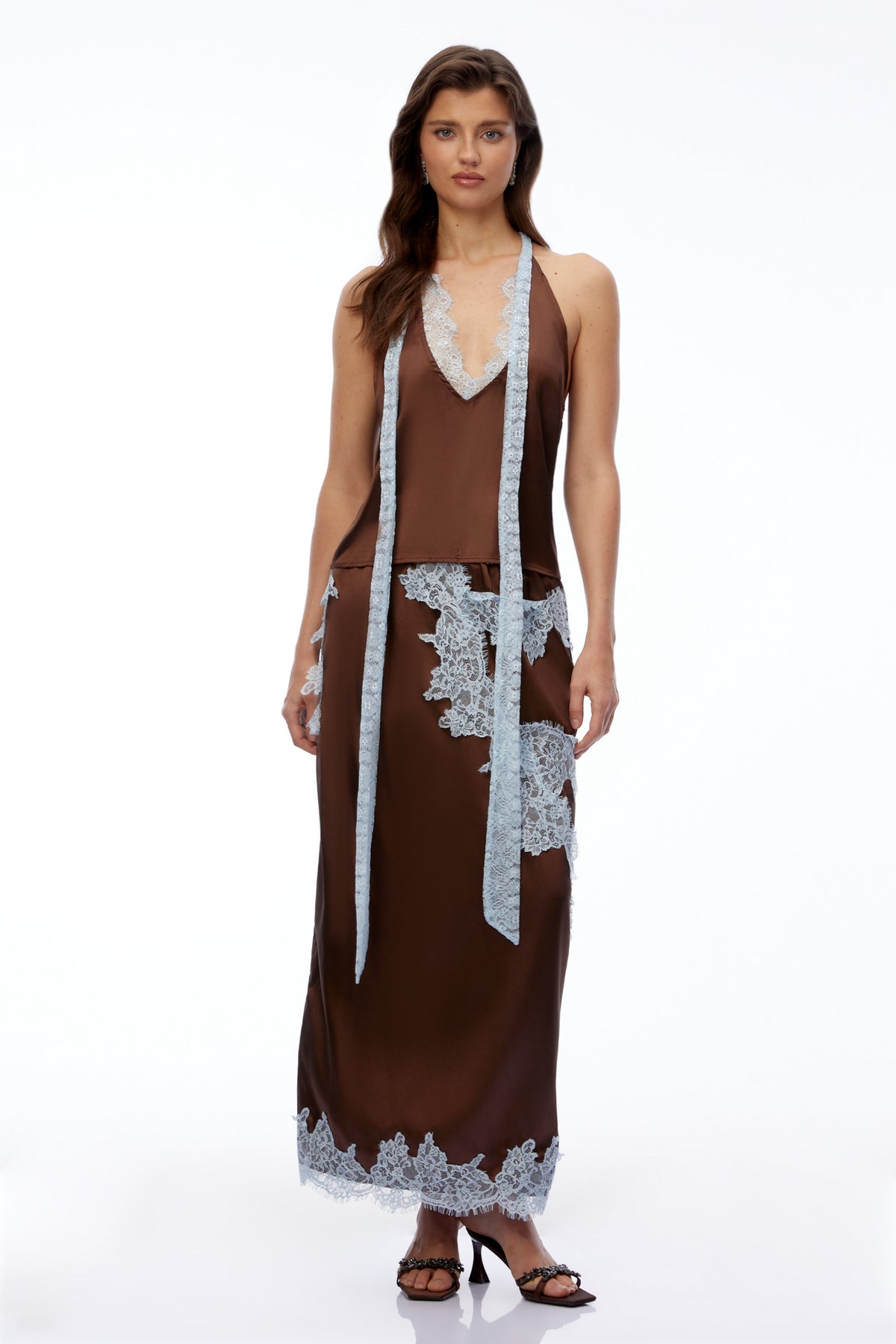 Zenobia Chocolate Brown V-Neck Top & Skirt Set with Lace Trim