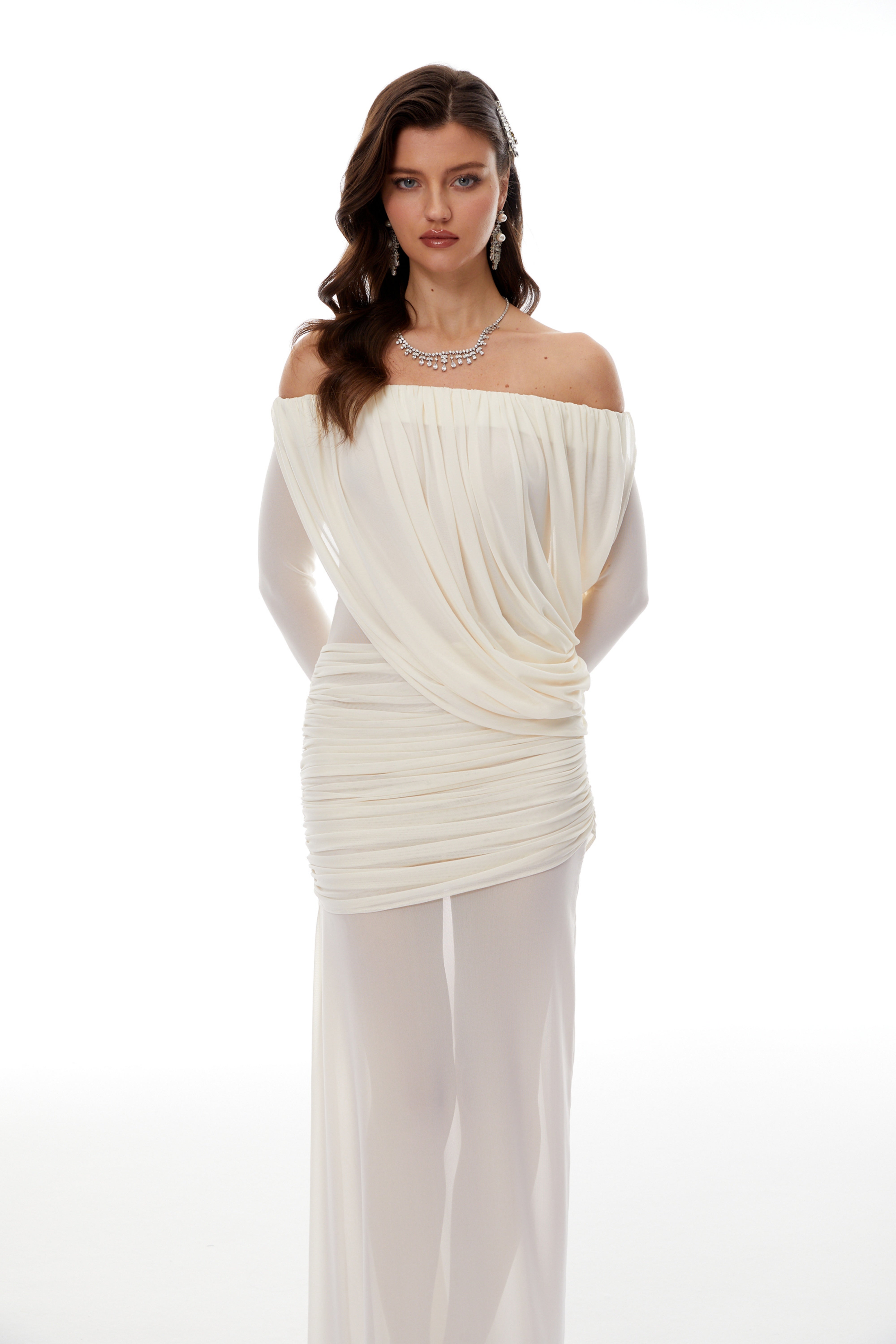 Zenobia White Asymmetrical Draped Mesh Maxi Dress (Final Sale-US Only)