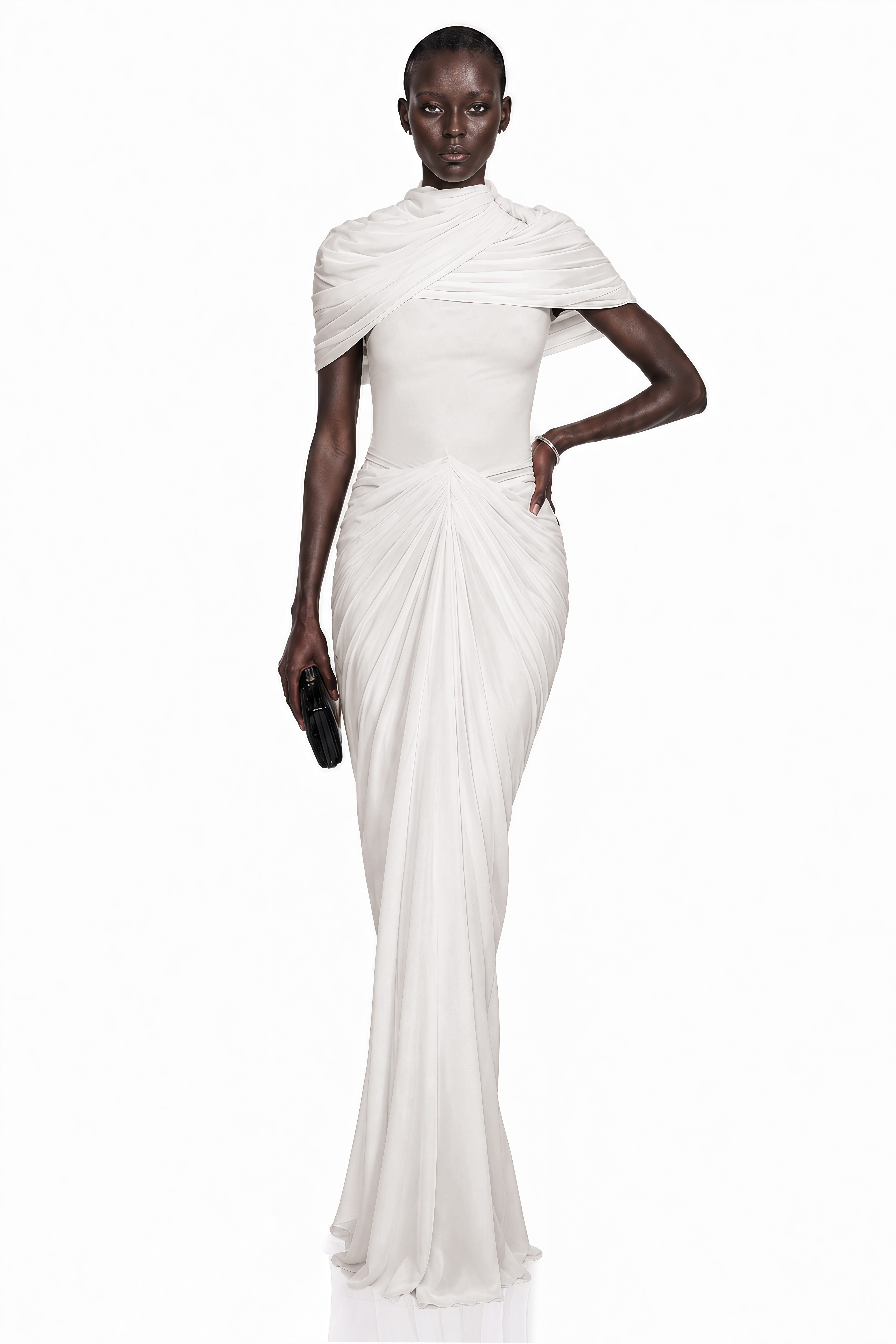 Zeynep White Ruched Maxi Dress with Cape Sleeves