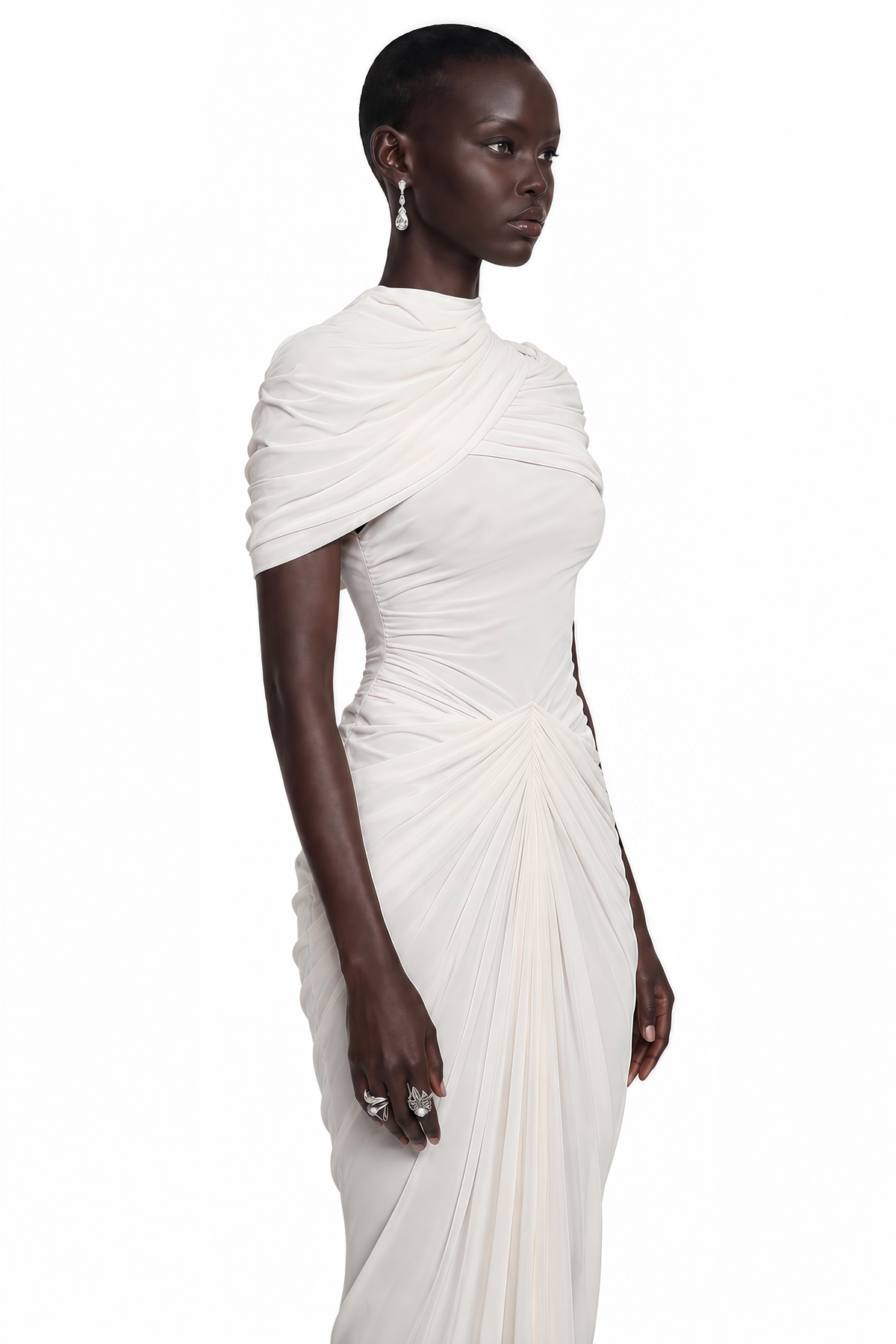 Zeynep White Ruched Maxi Dress with Cape Sleeves