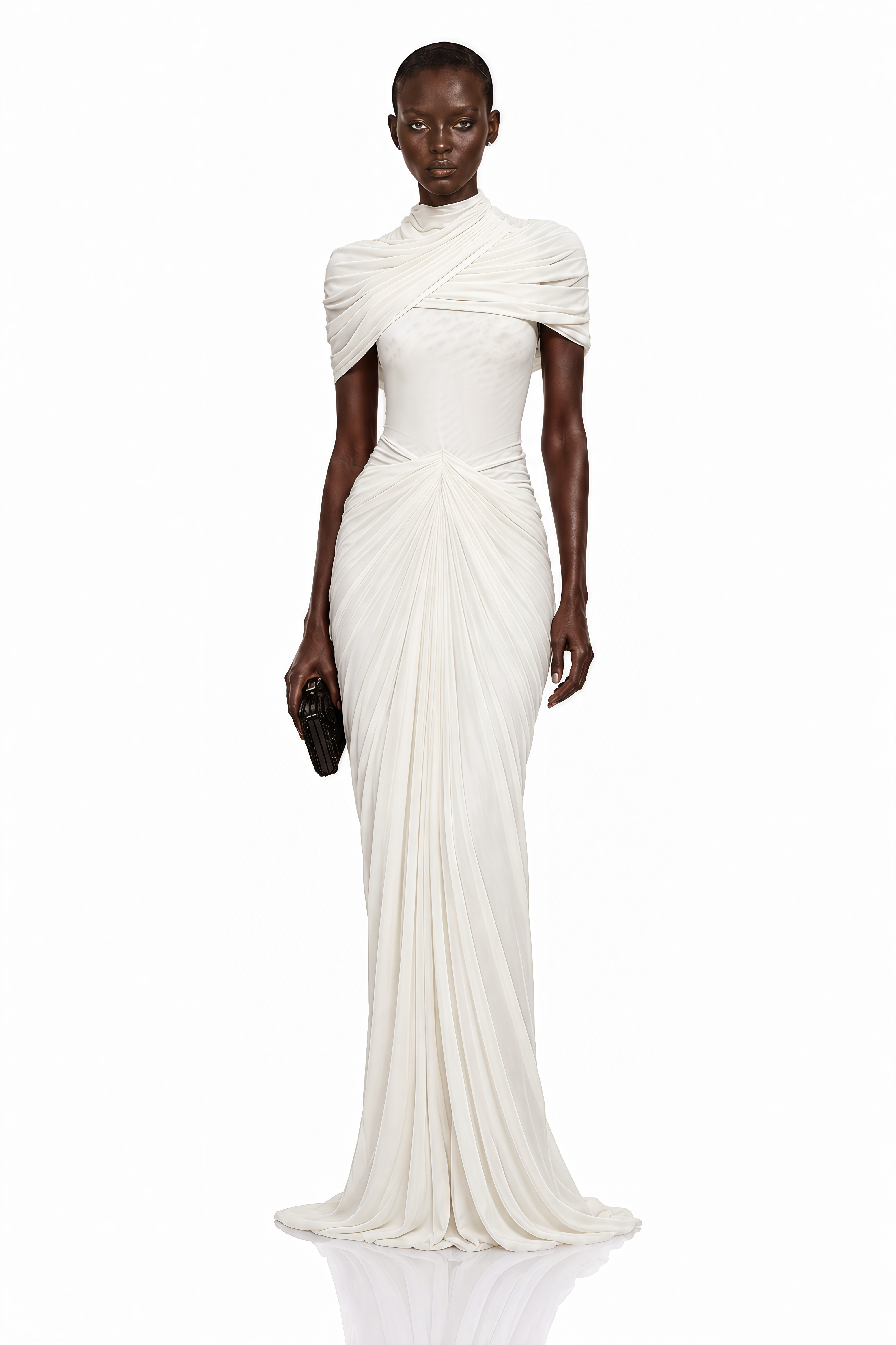 Zeynep White Ruched Maxi Dress with Cape Sleeves