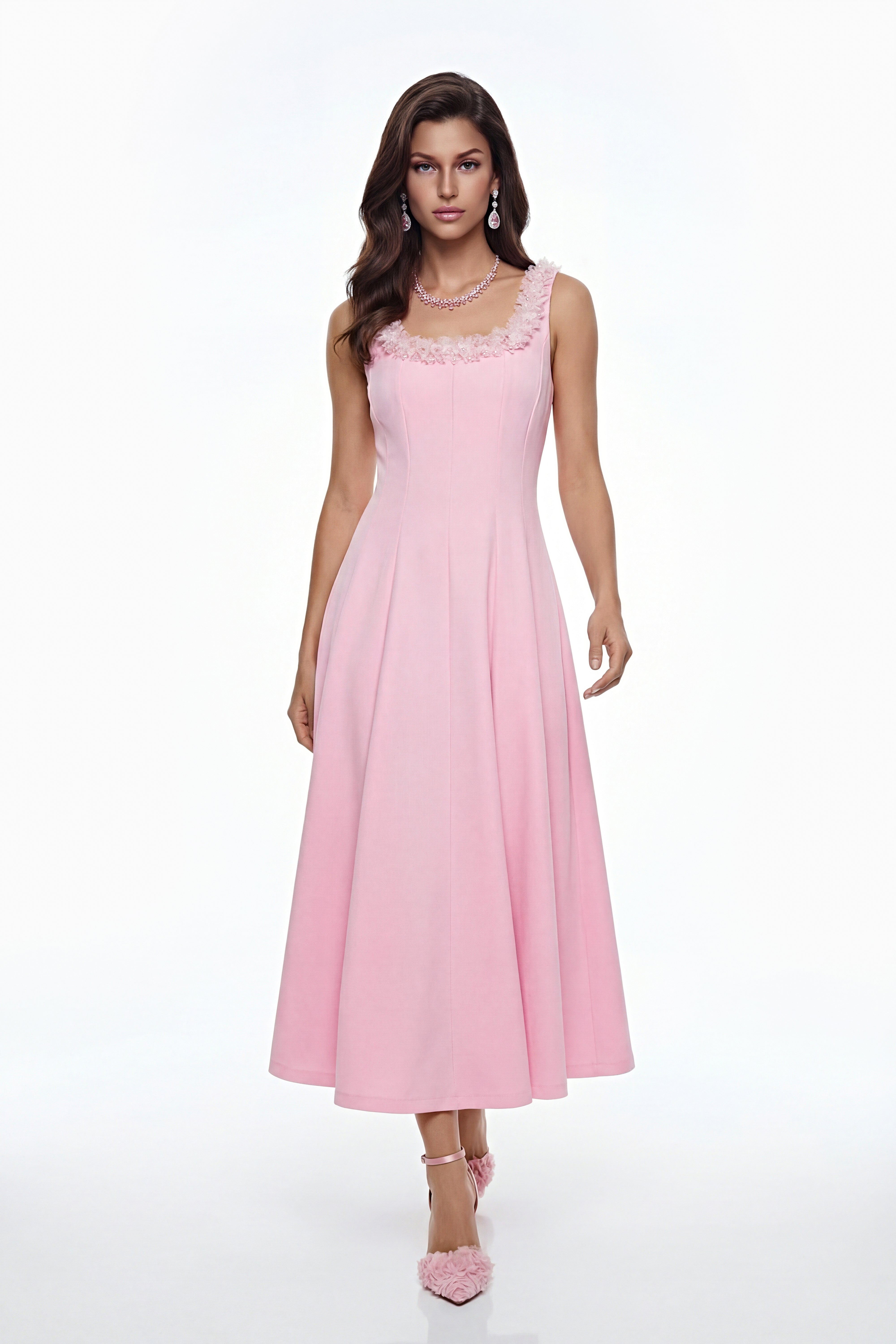 Zinnia Pink Pleated Midi Dress with 3D Petals