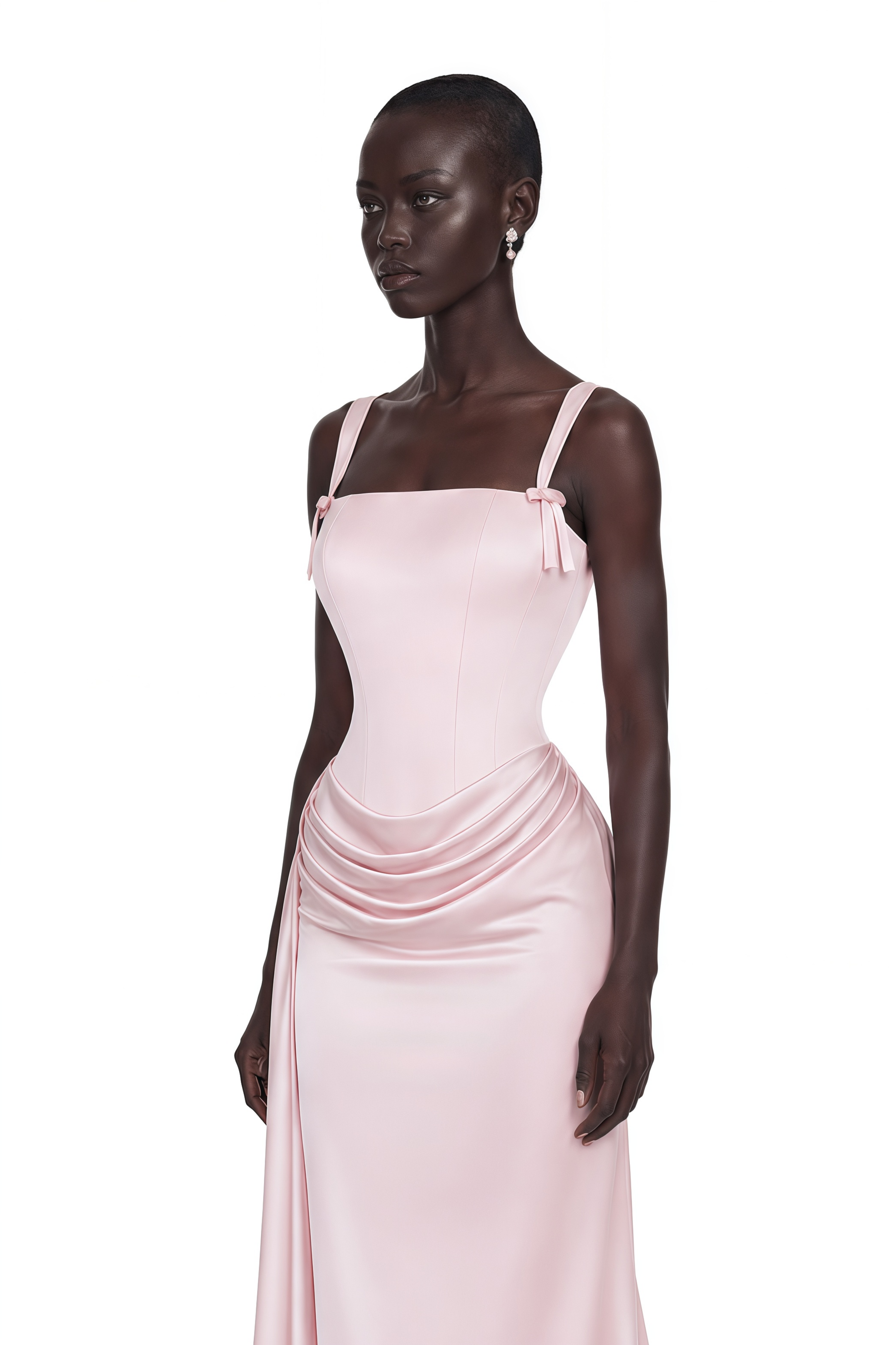Zinnia Pink Ruched Maxi Dress with Bow Straps