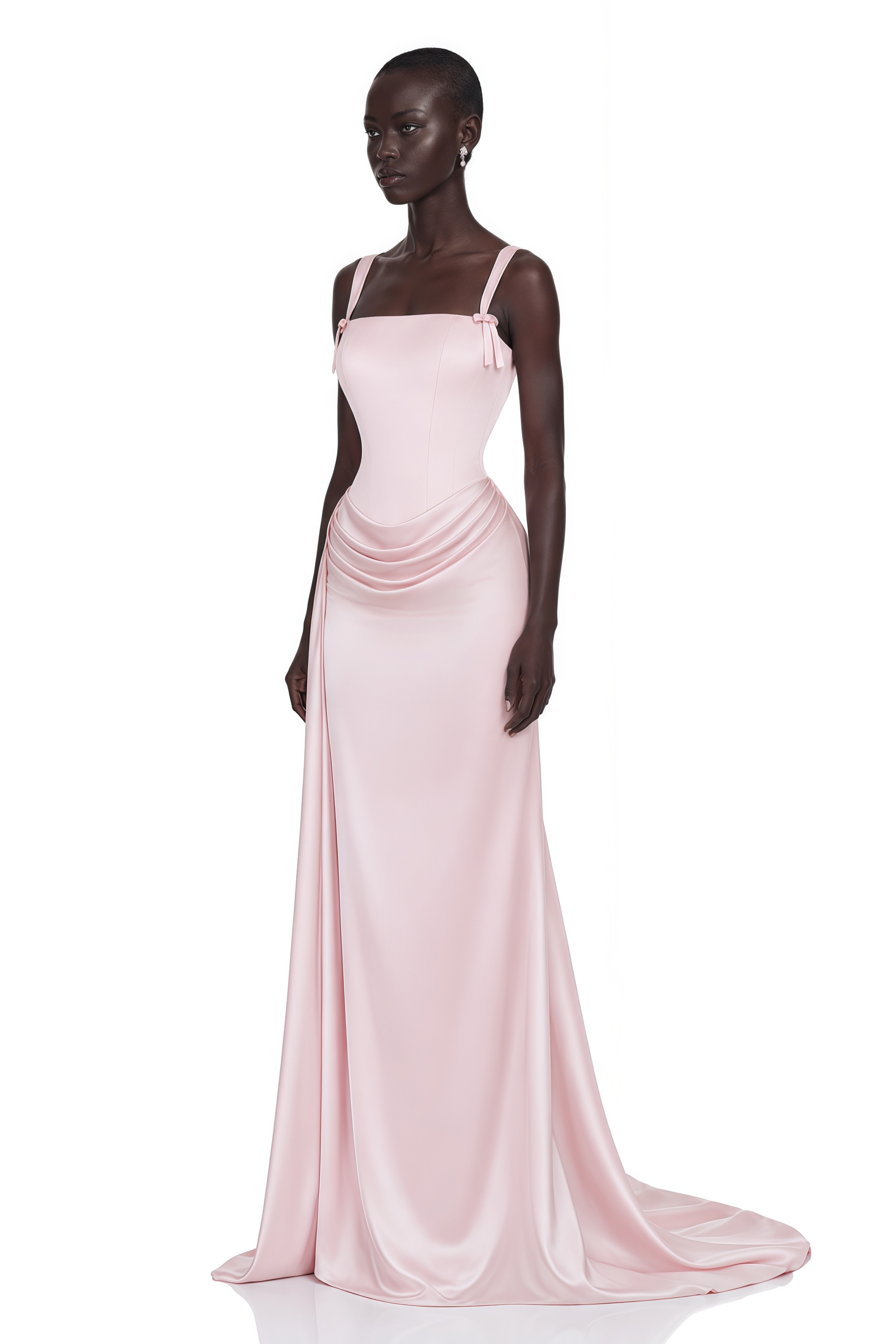 Zinnia Pink Ruched Maxi Dress with Bow Straps