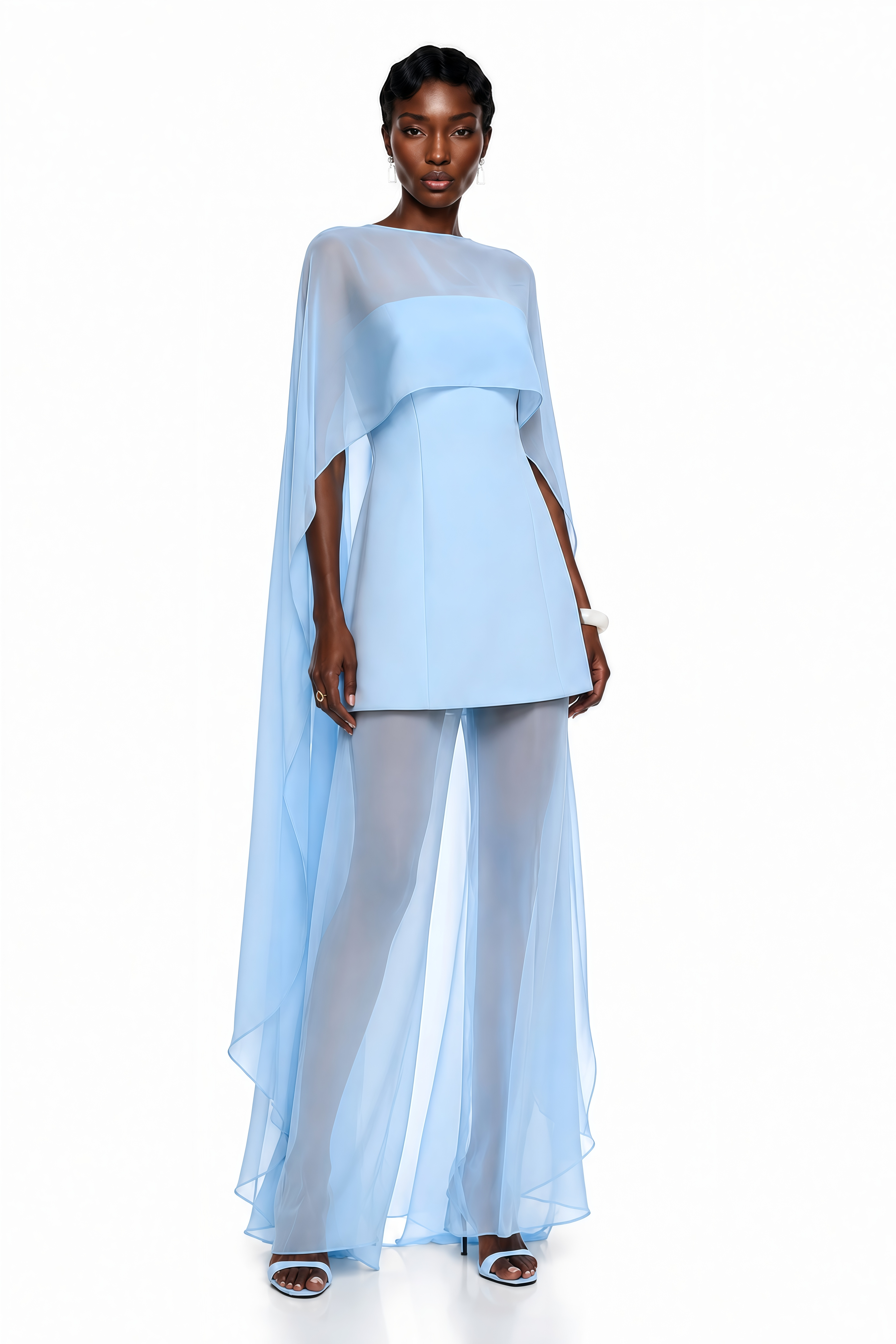 Zoe Blue Chiffon Cape Maxi Dress