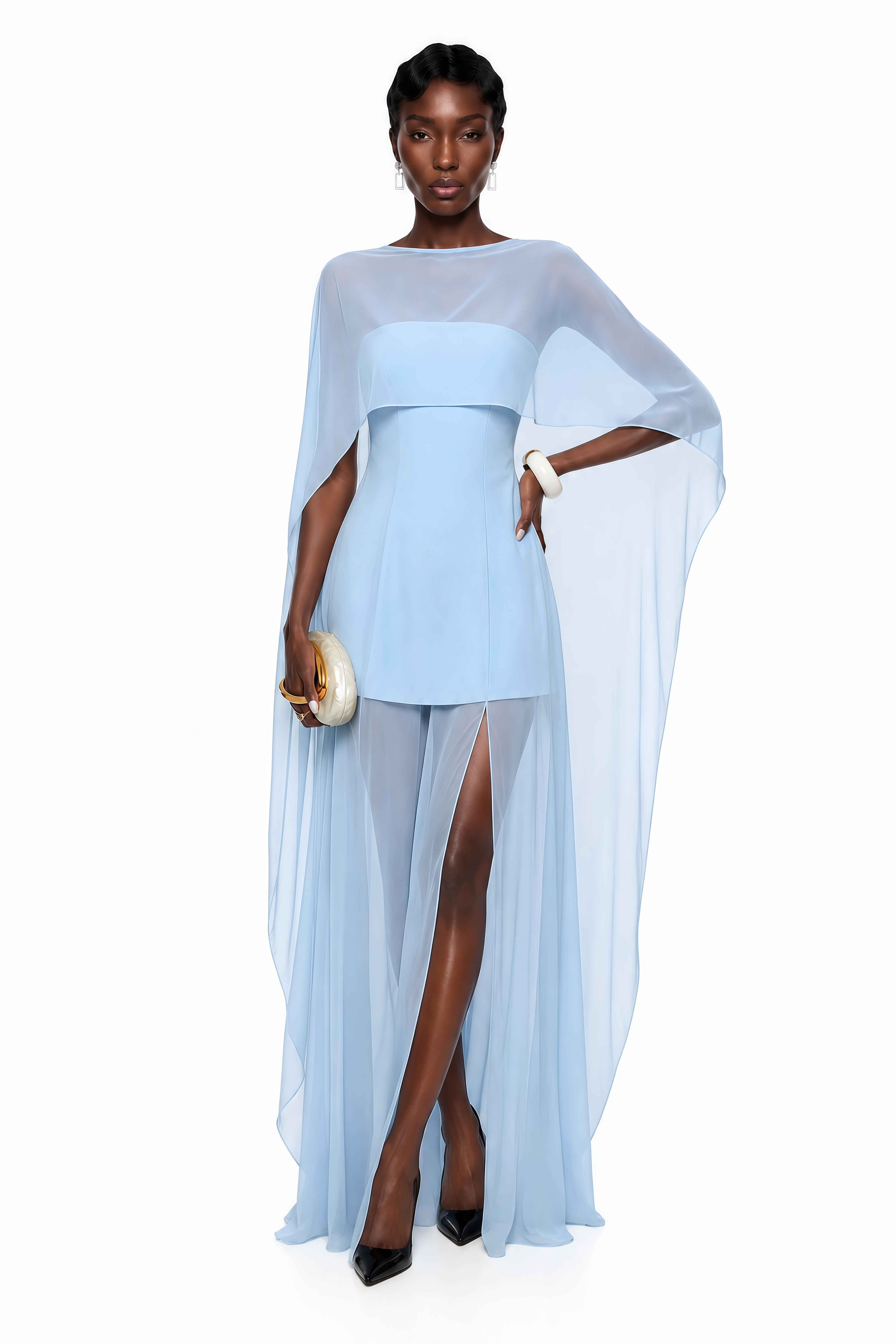 Zoe Blue Chiffon Cape Maxi Dress