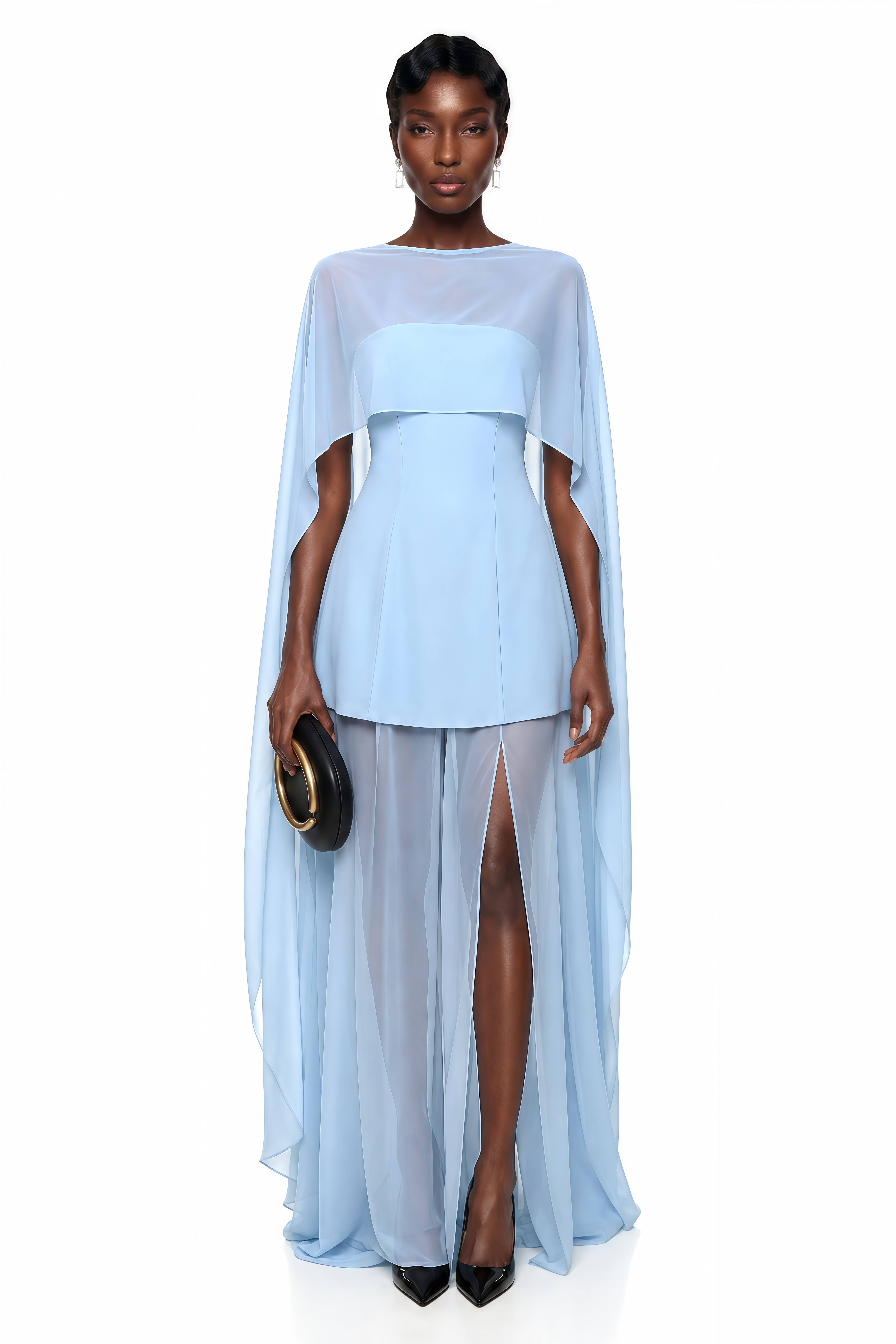 Zoe Blue Chiffon Cape Maxi Dress