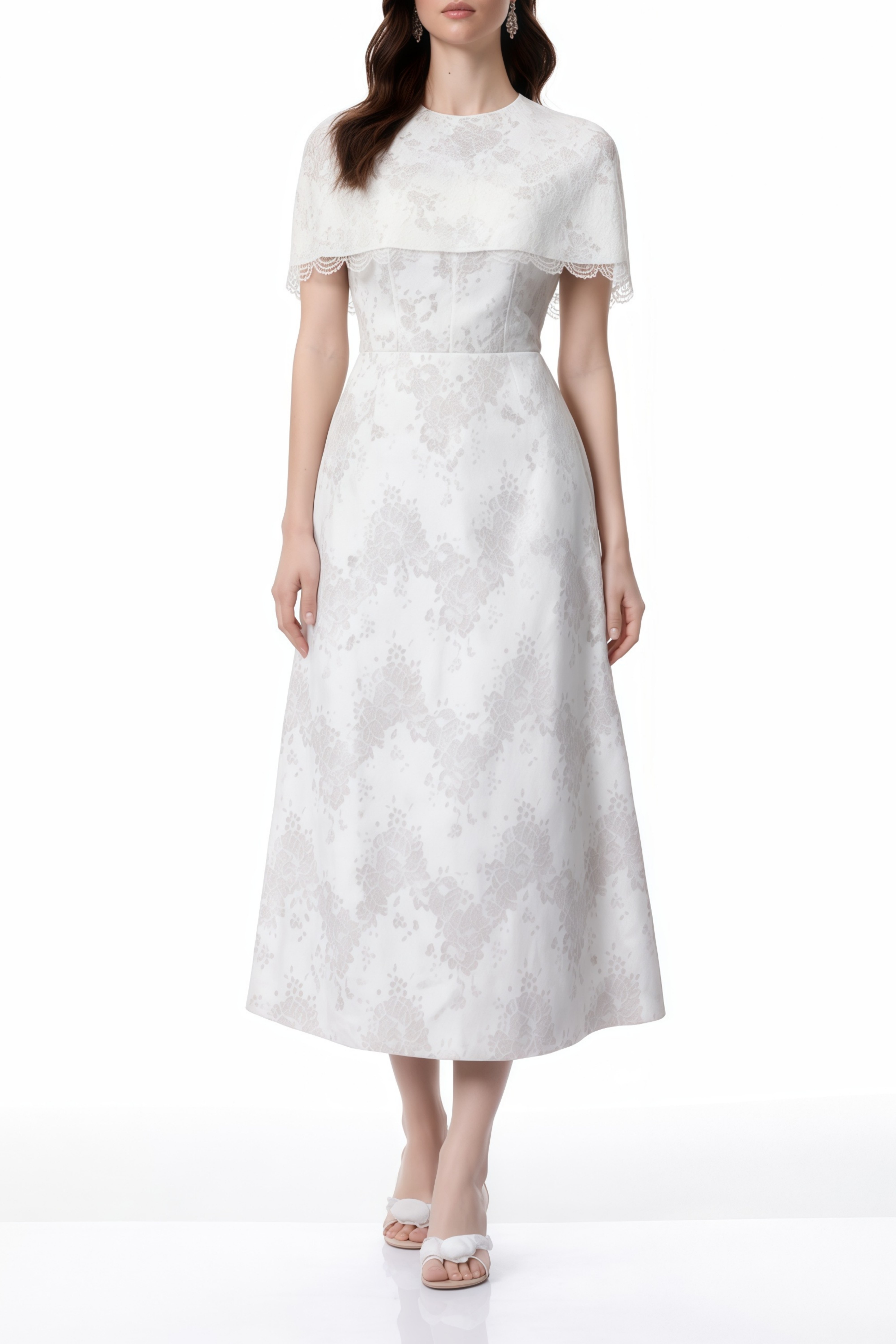 Zohar White Floral Lace Midi Dress with Cape