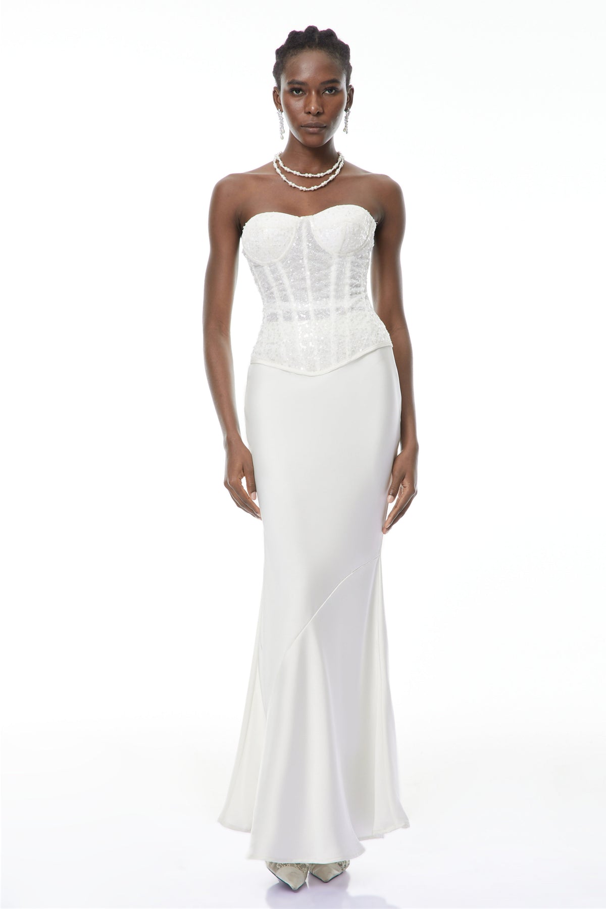 Zora White Sequin Corset Top & Satin Skirt Set (Final Sale)