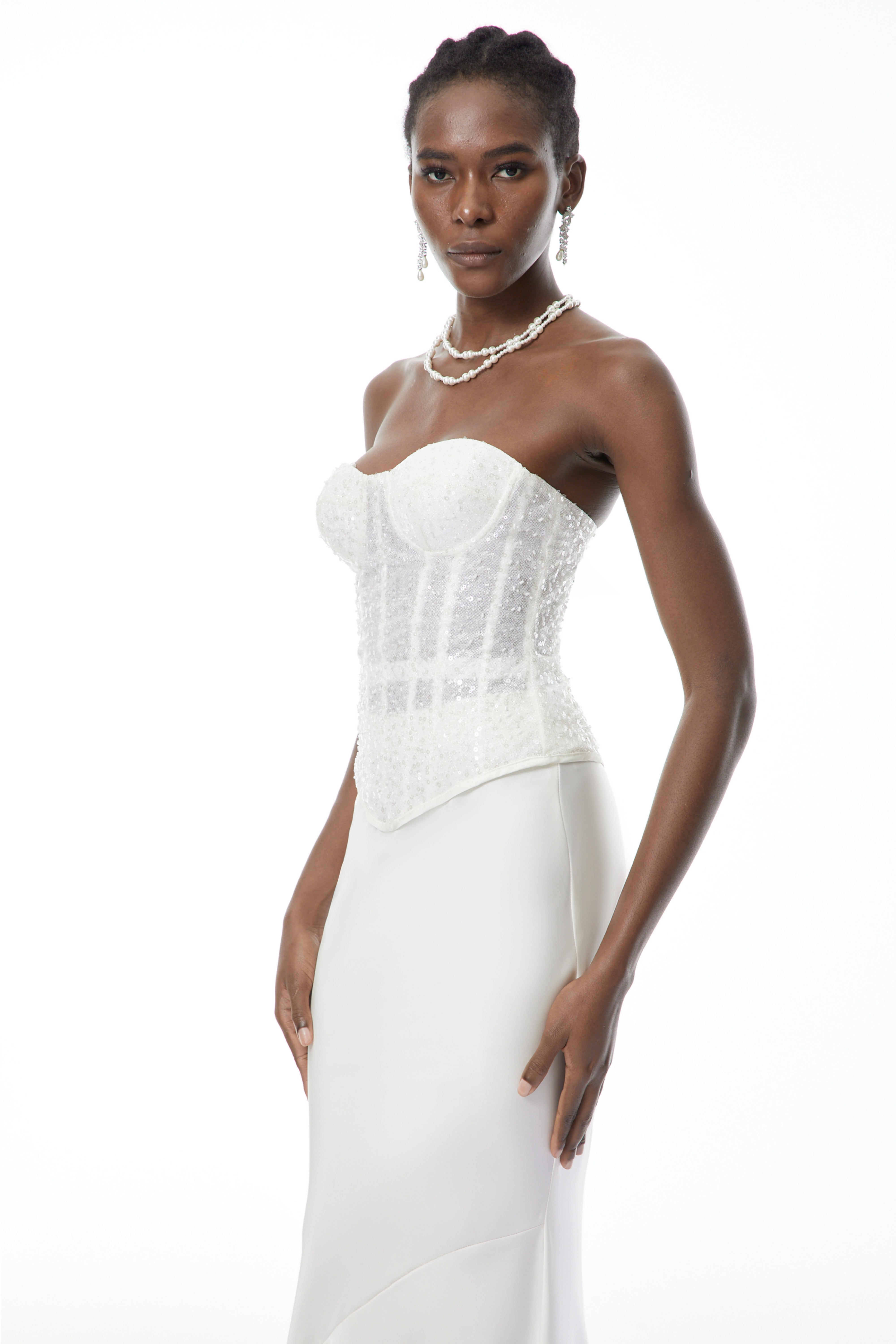 Zora White Sequin Corset Top & Satin Skirt Set