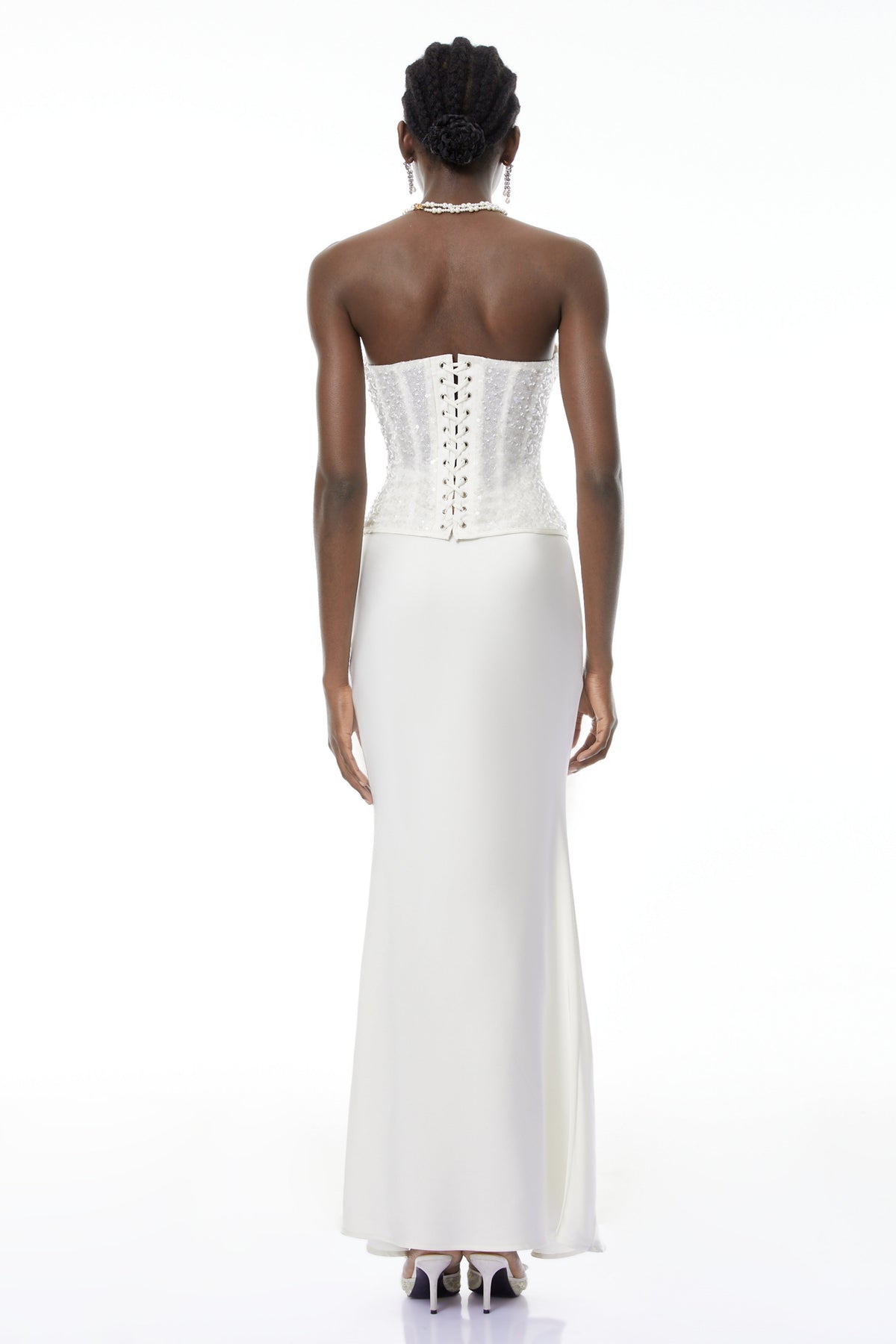 Zora White Sequin Corset Top & Satin Skirt Set (Final Sale-US Only)