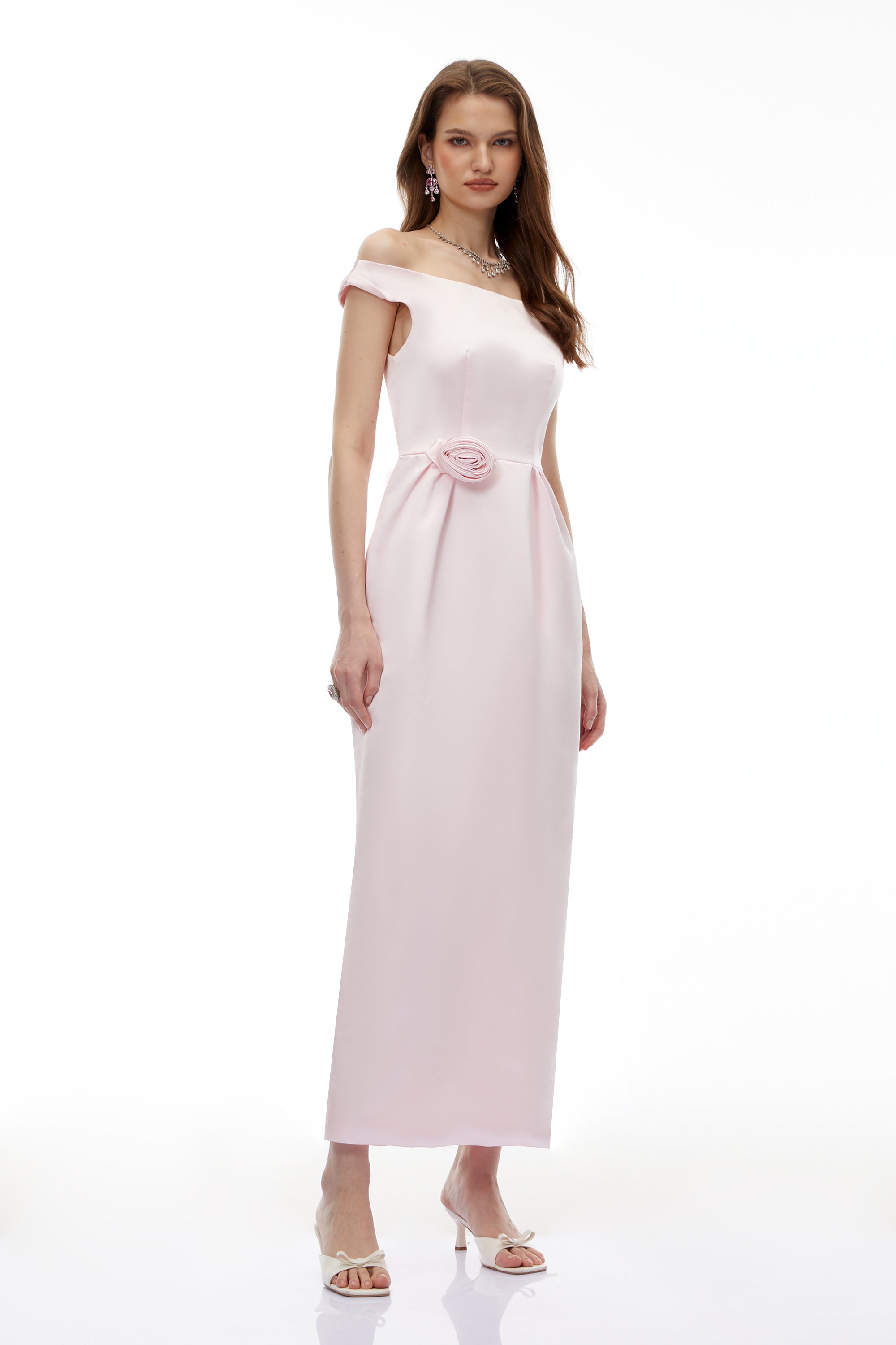 Zubayda Pink Off Shoulder Maxi Dress with 3D Petals