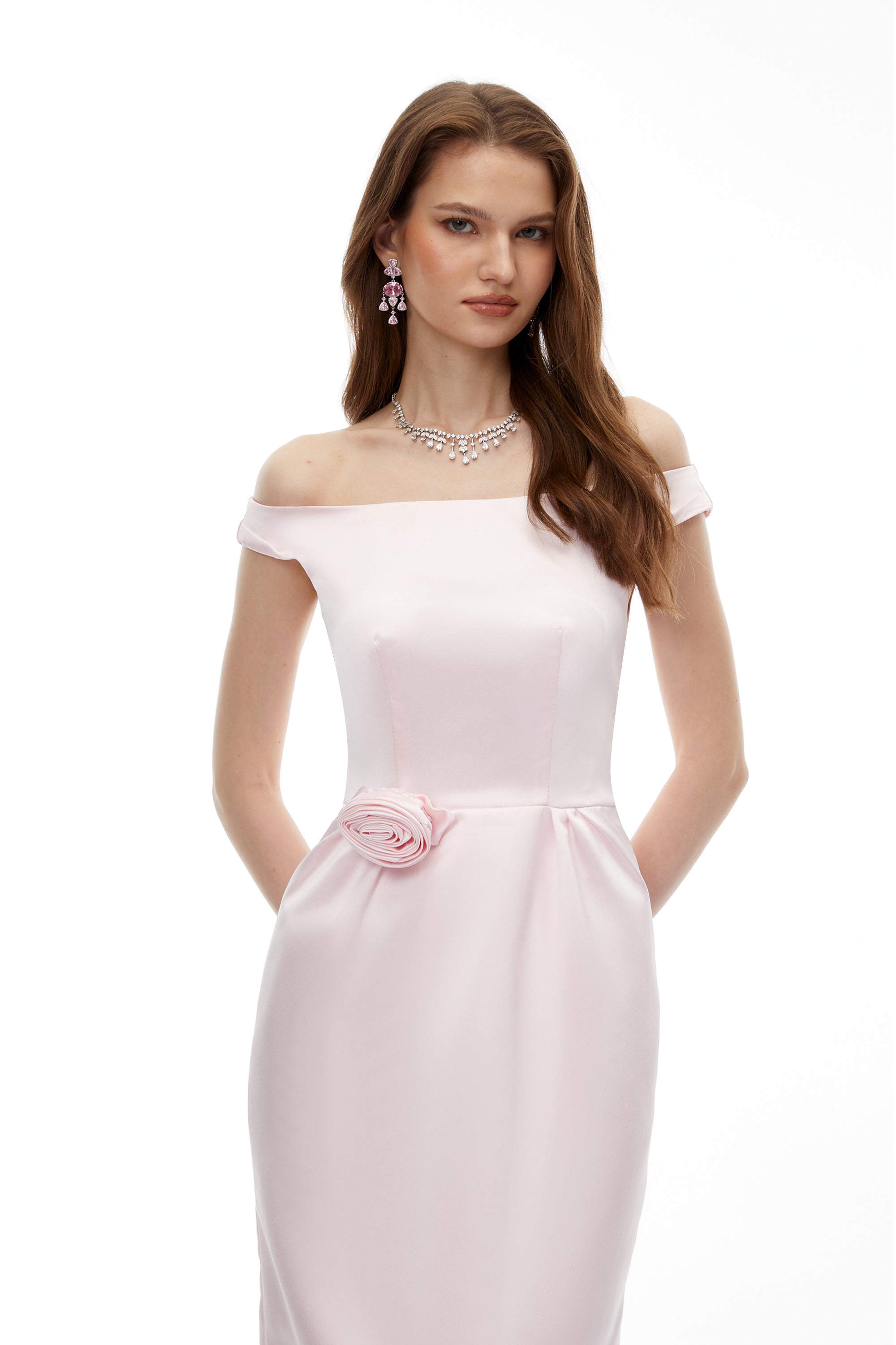 Zubayda Pink Off Shoulder Maxi Dress with 3D Petals