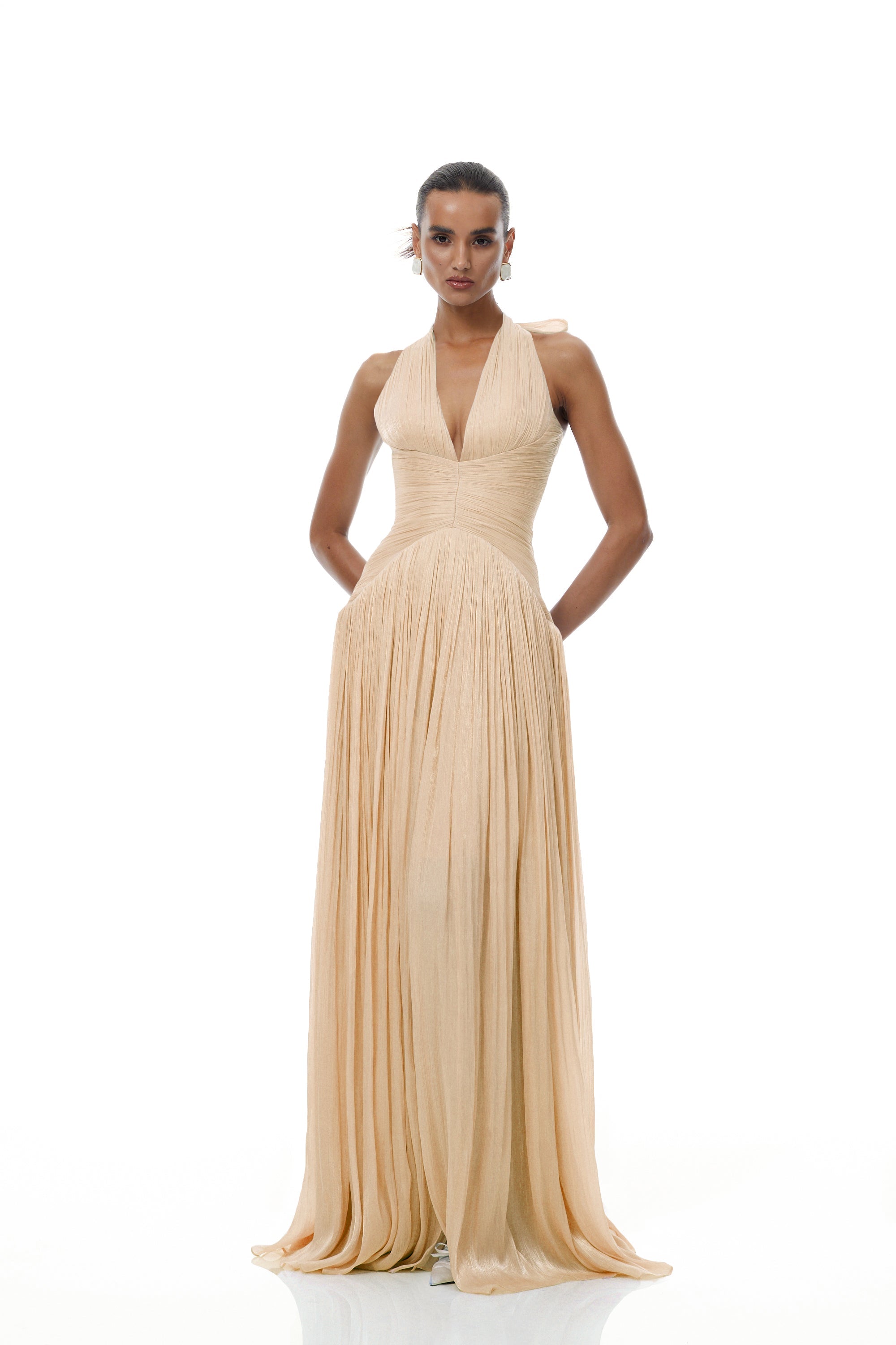 Térébenthine Neutral Glossy Gathered Maxi Dress