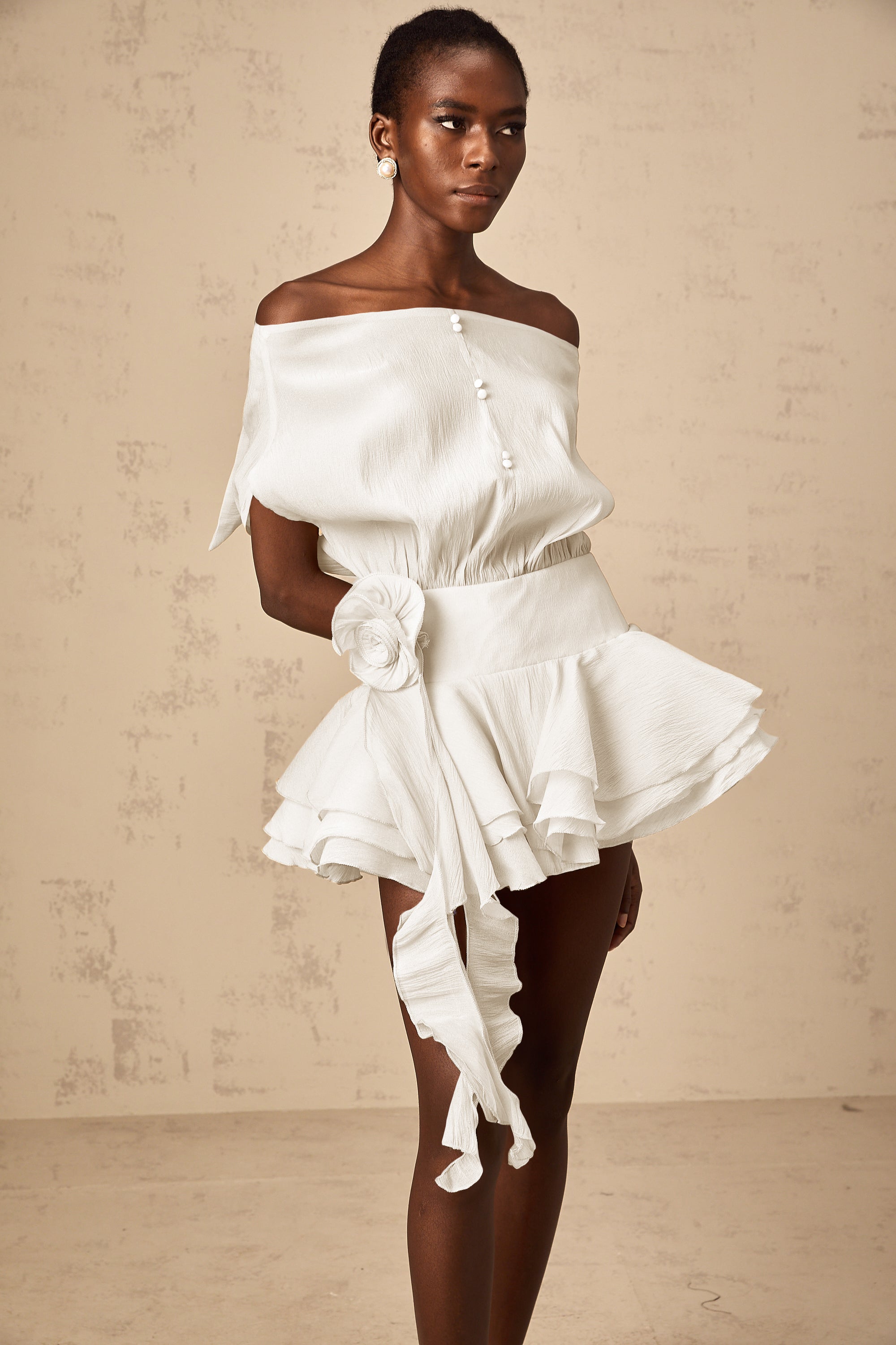 Amélie White Floral Appliqué Flounced Mini Dress