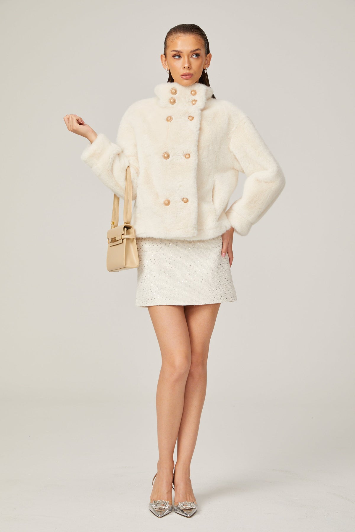 Chantal white faux-fur double-breasted jacket (Final Sale)