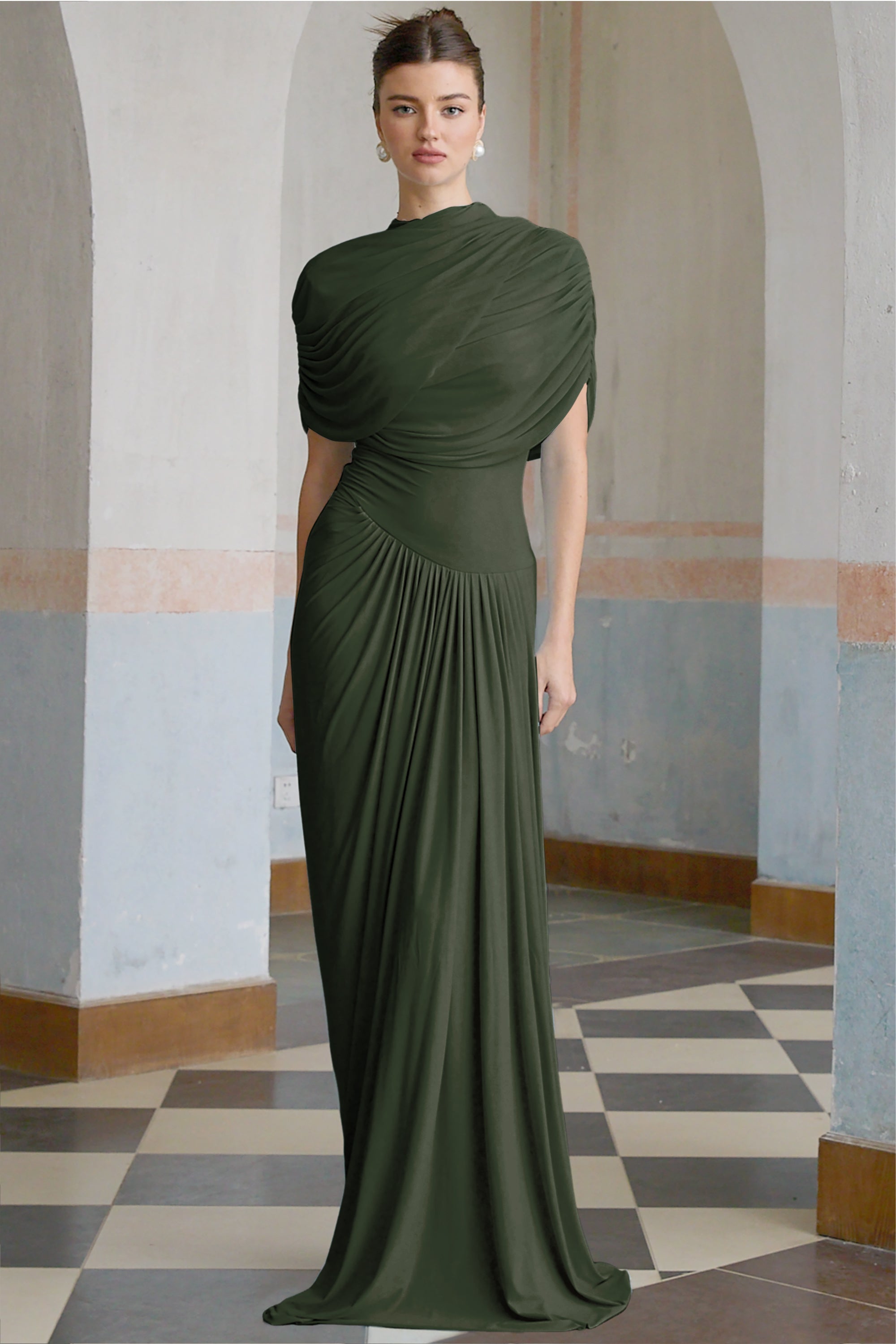 Catherine asymmetric pleated maxi dress in Green