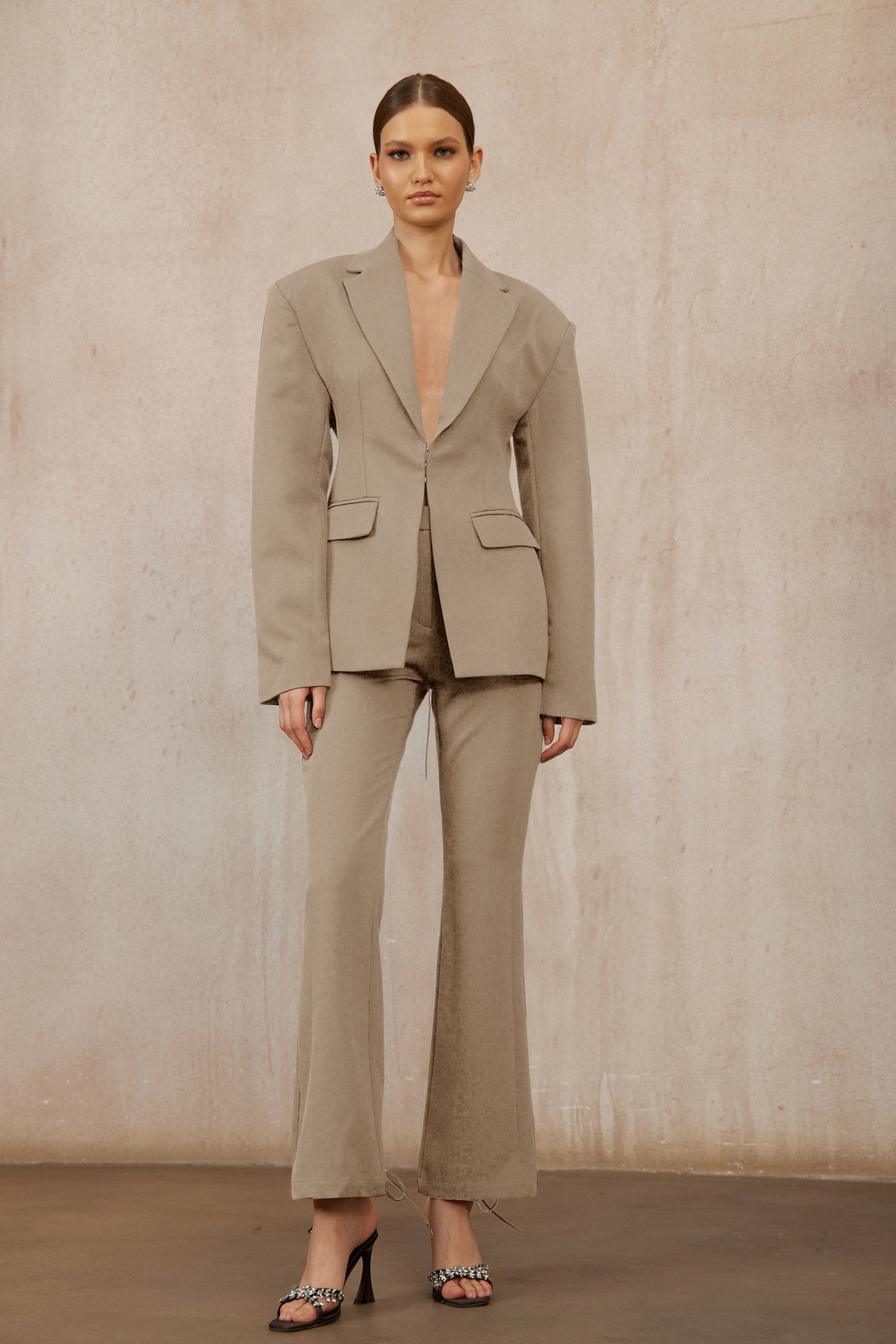 Prunille Khaki Lace-Up Blazer & Trousers Set