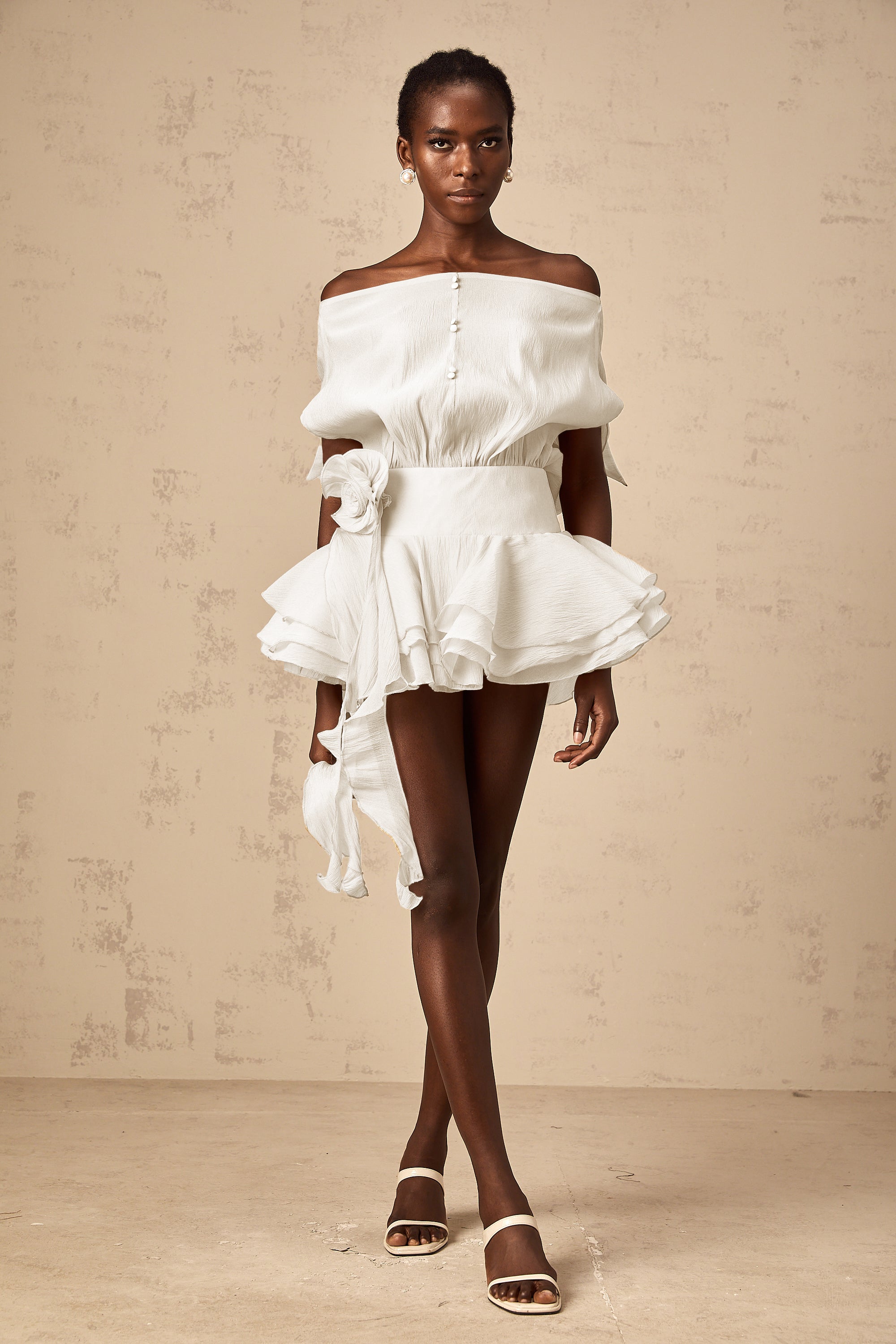 Amélie White Floral Appliqué Flounced Mini Dress