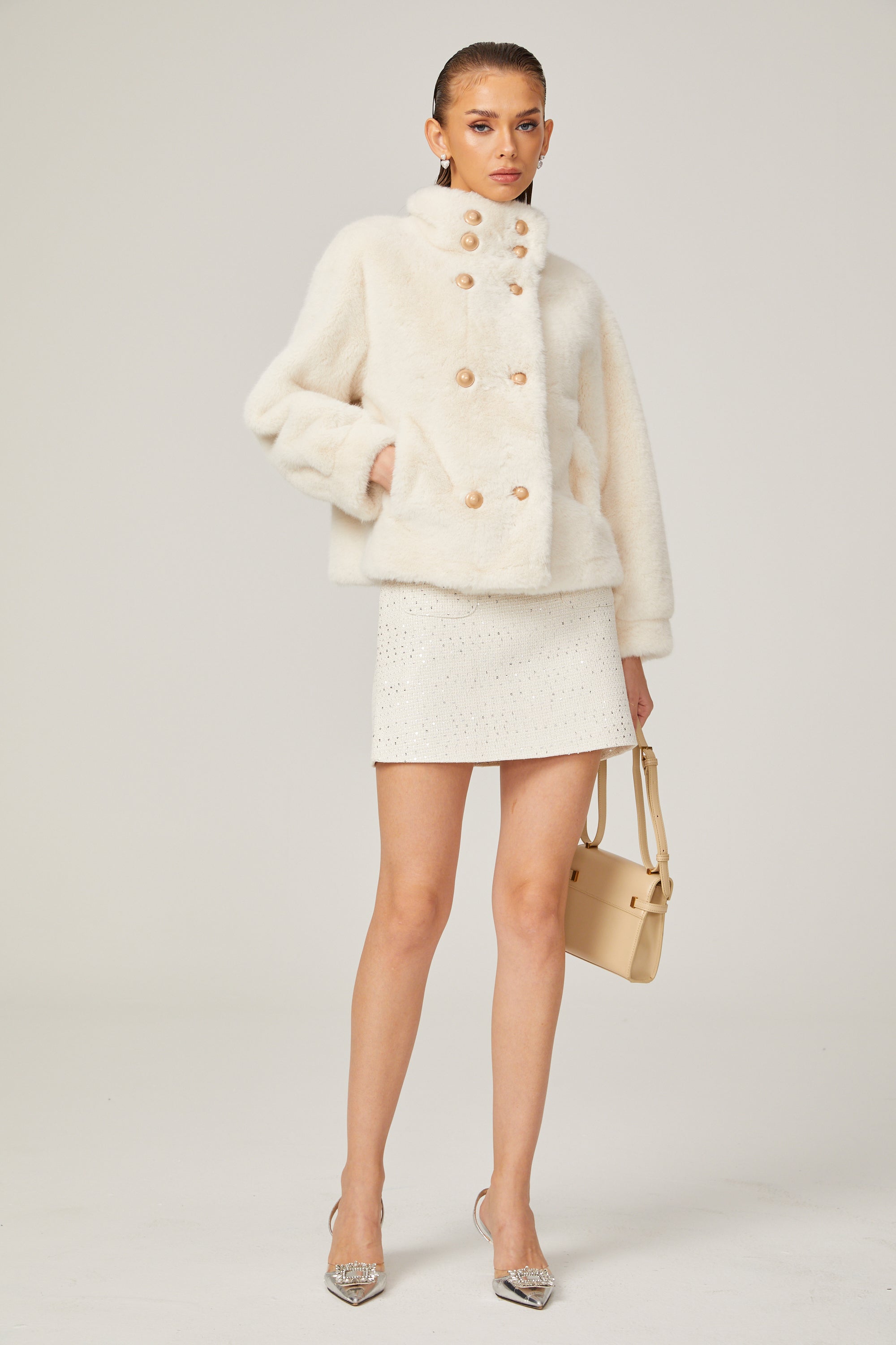 Chantal white faux-fur double-breasted jacket (Final Sale)