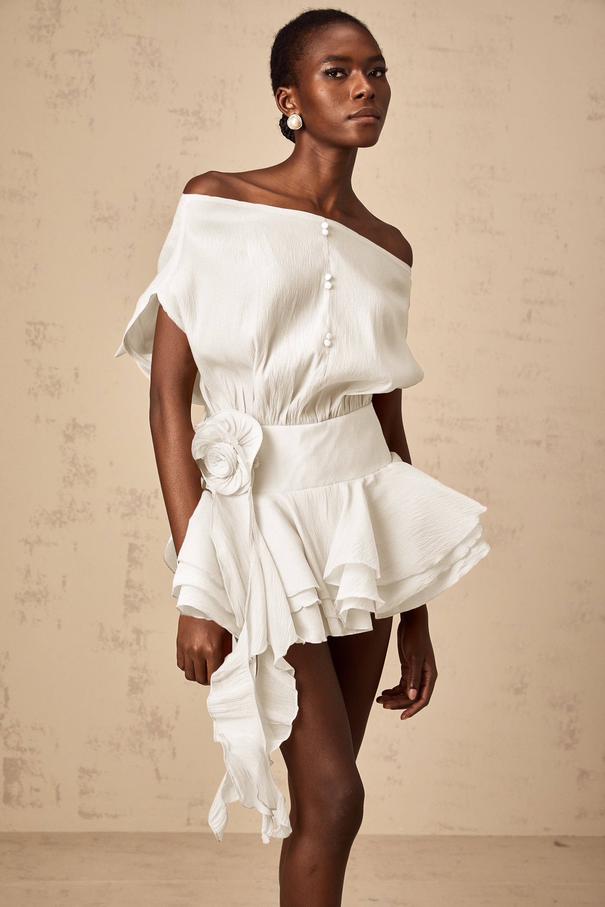 Amélie White Floral Appliqué Flounced Mini Dress