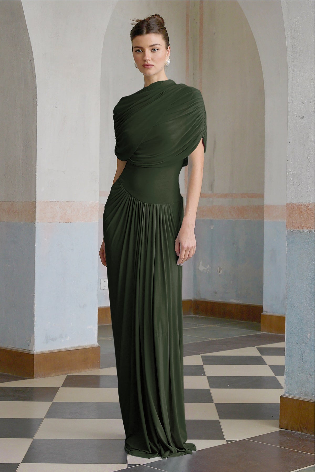Catherine asymmetrical pleated maxi dress in Green