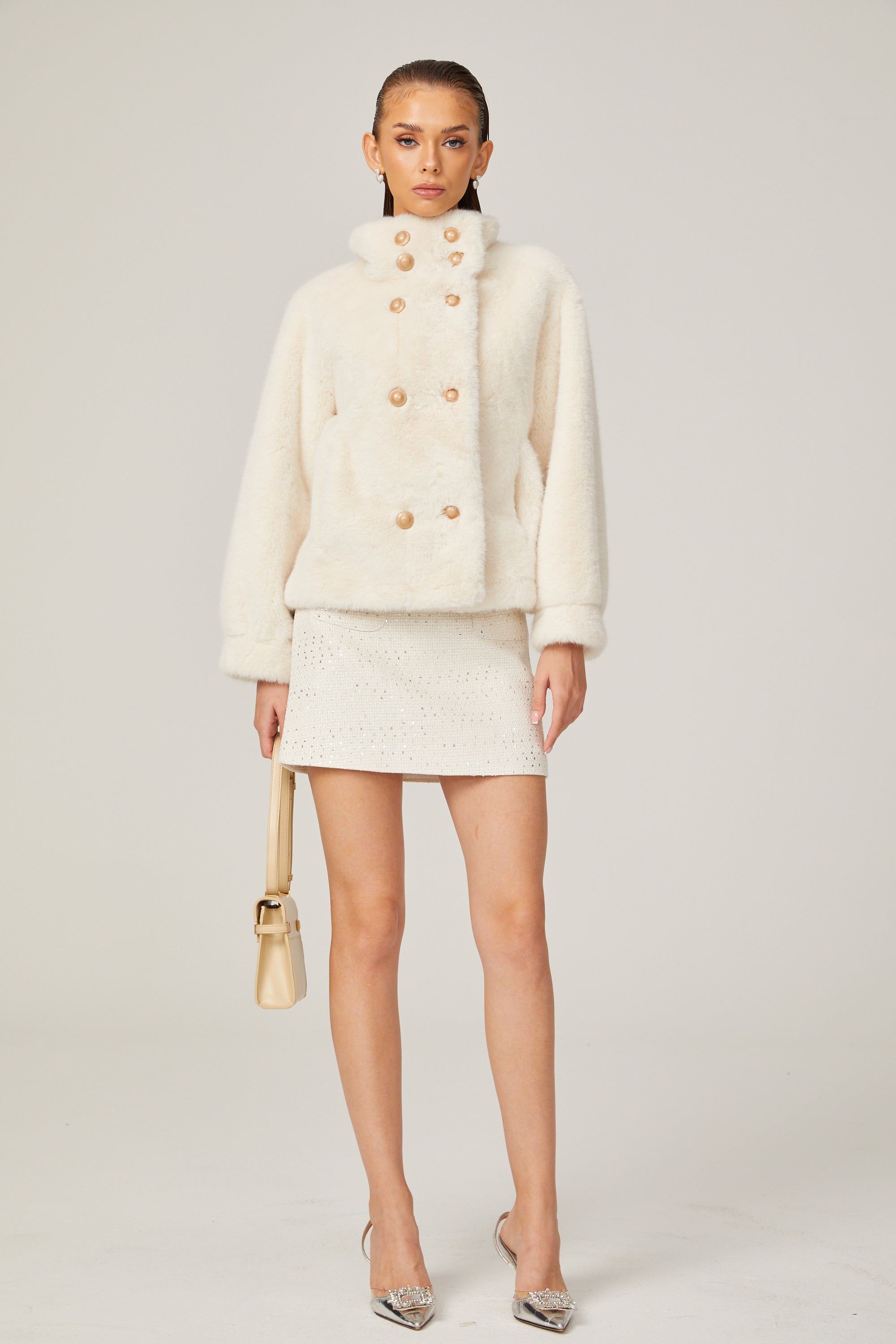 Chantal white faux-fur double-breasted jacket (Final Sale)