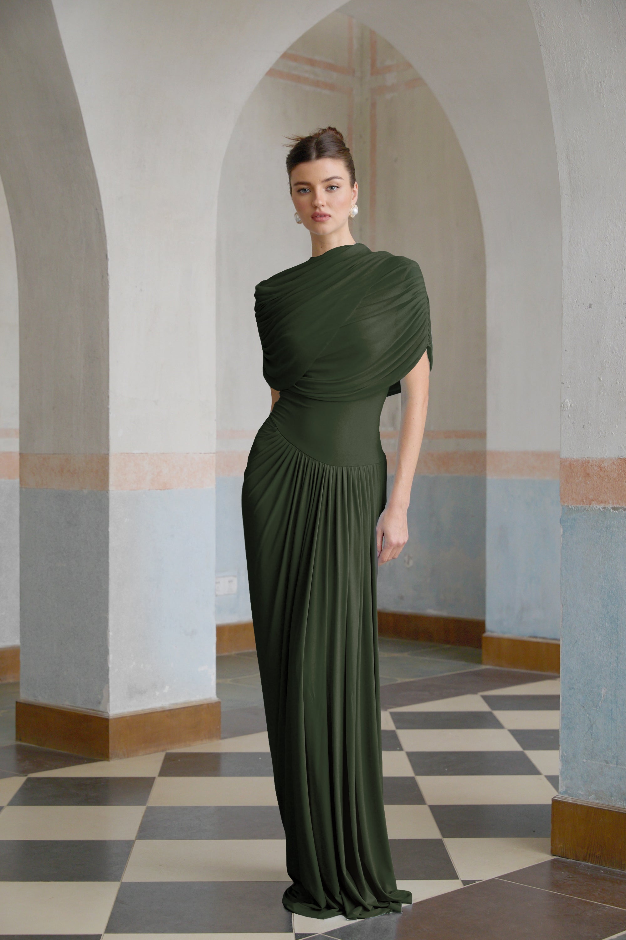 Catherine asymmetrical pleated maxi dress in Green (Final Sale-US Only)