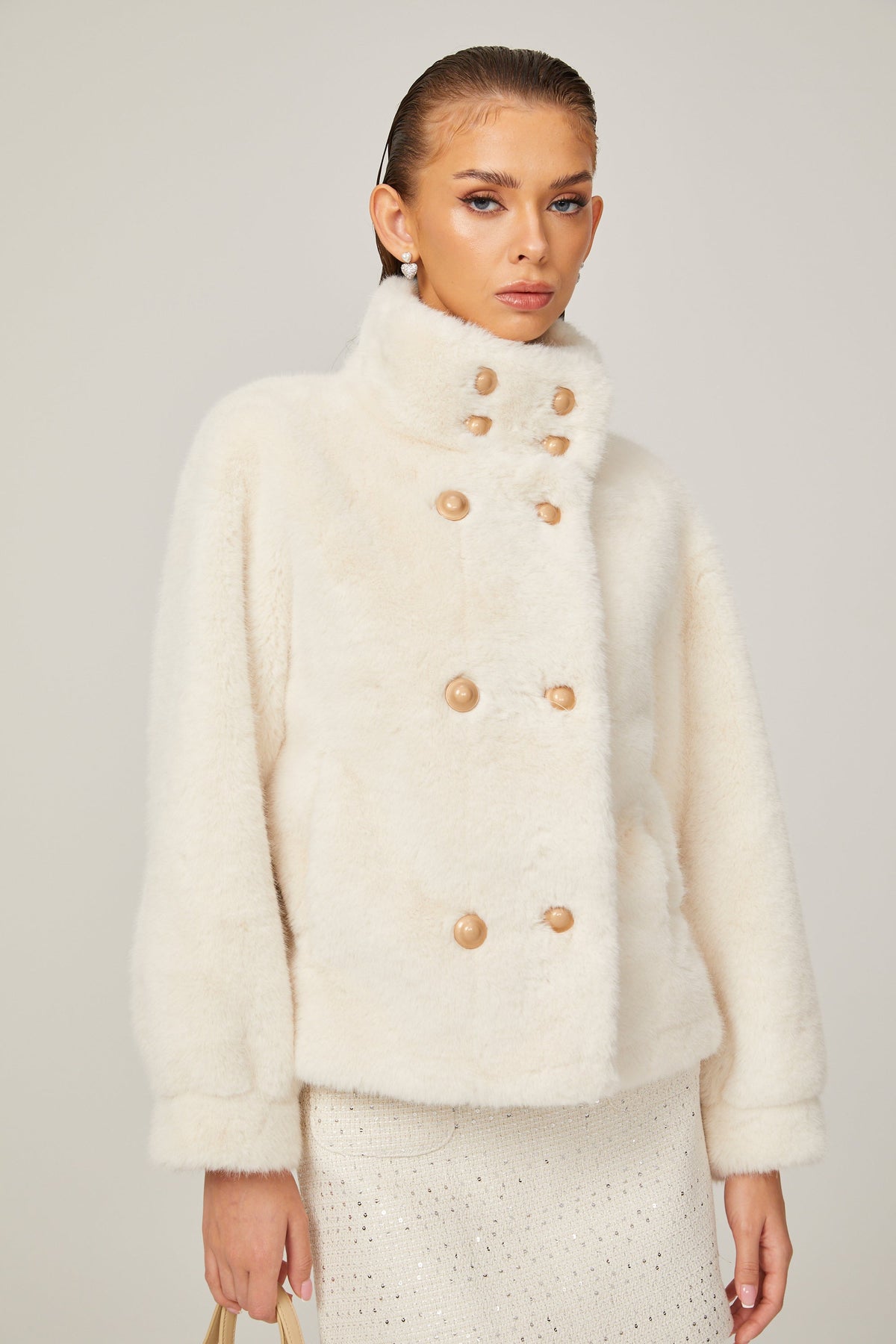 Chantal white faux-fur double-breasted jacket (Final Sale)