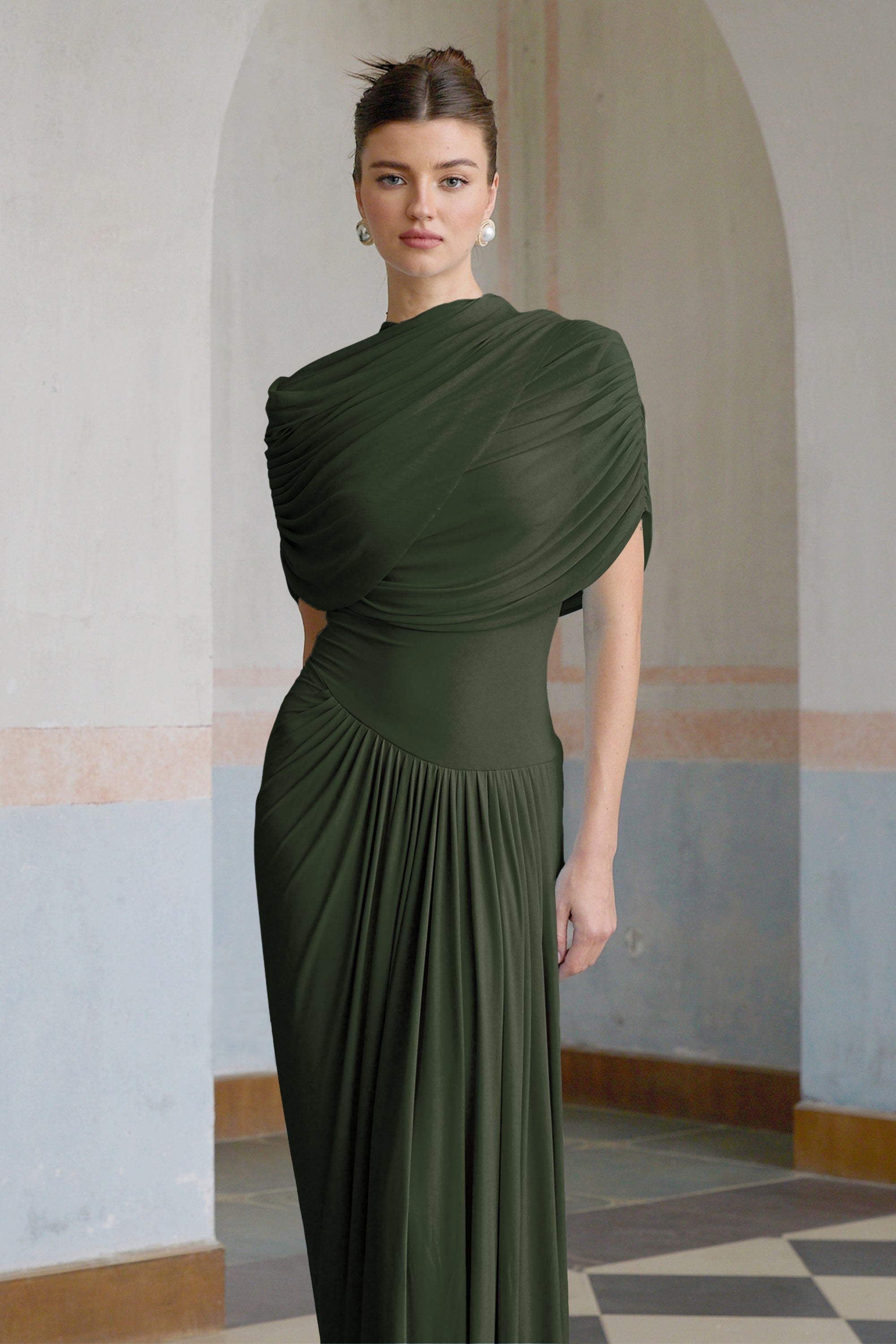 Catherine asymmetric pleated maxi dress in Green