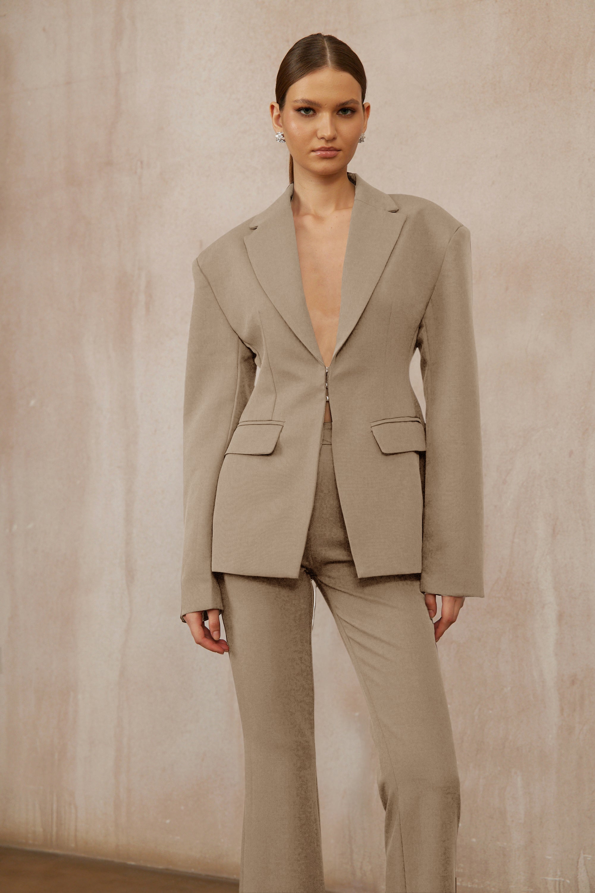 Prunille Khaki Lace-Up Blazer & Trousers Set