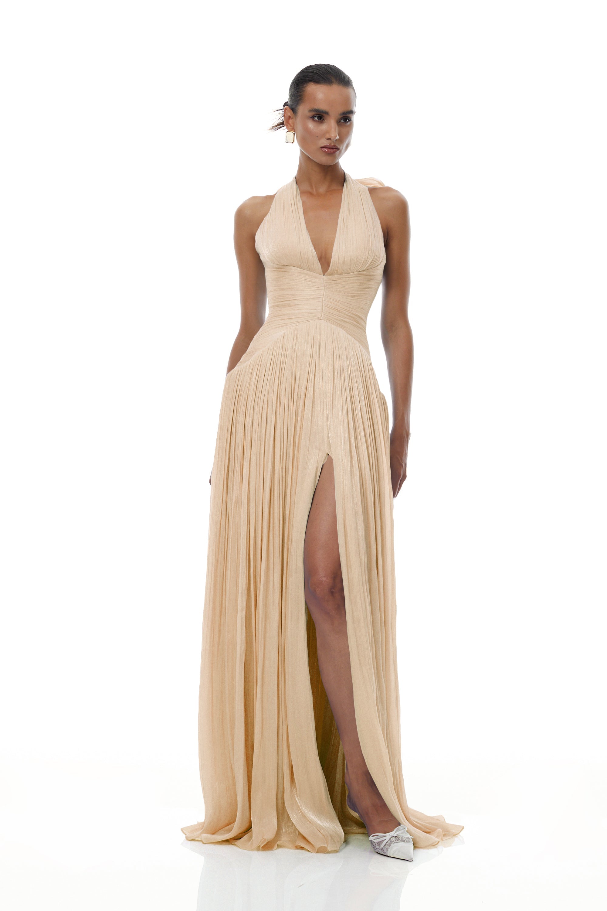 Térébenthine Neutral Glossy Gathered Maxi Dress (Final Sale-US Only)