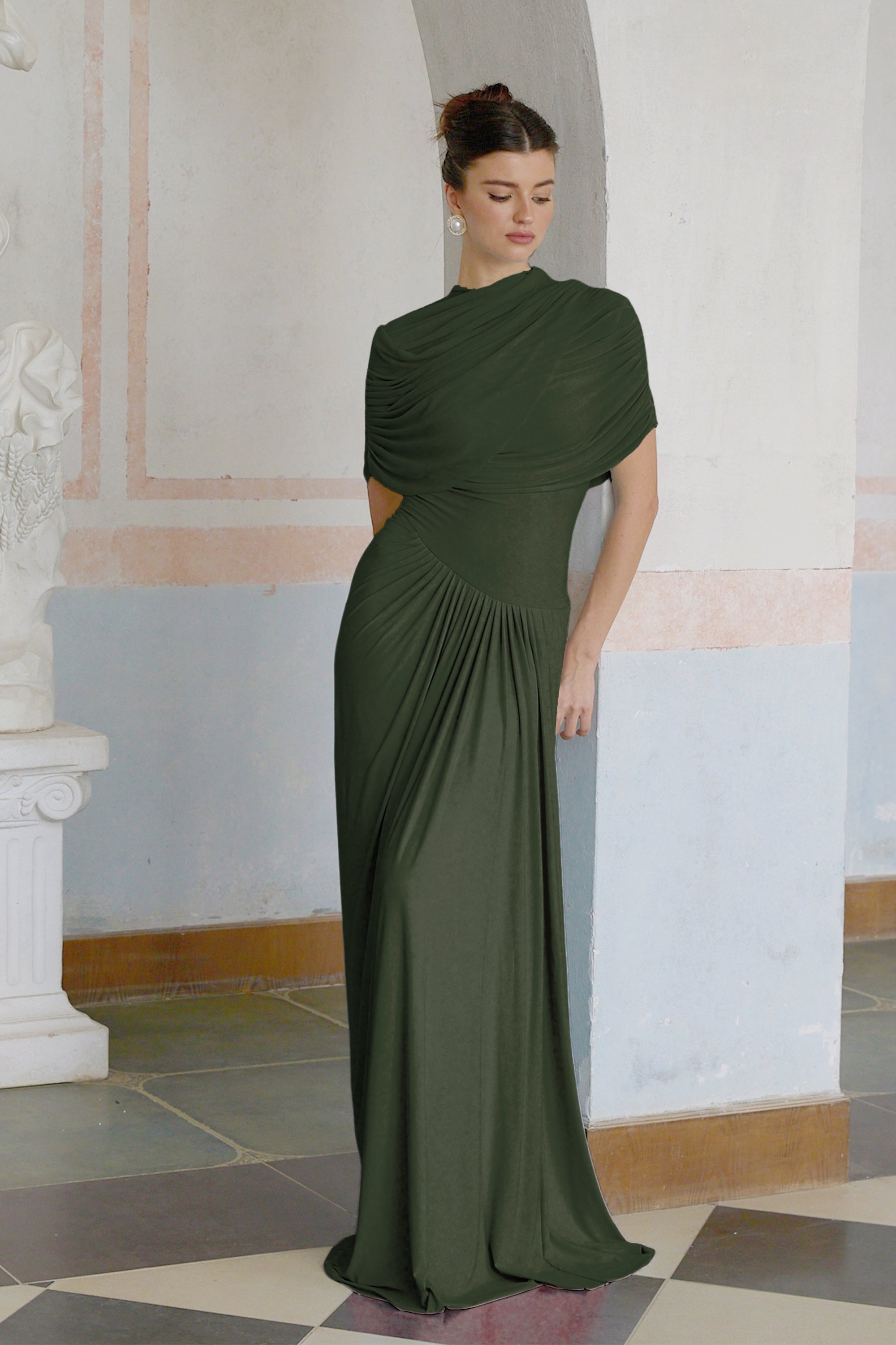 Catherine asymmetric pleated maxi dress in Green