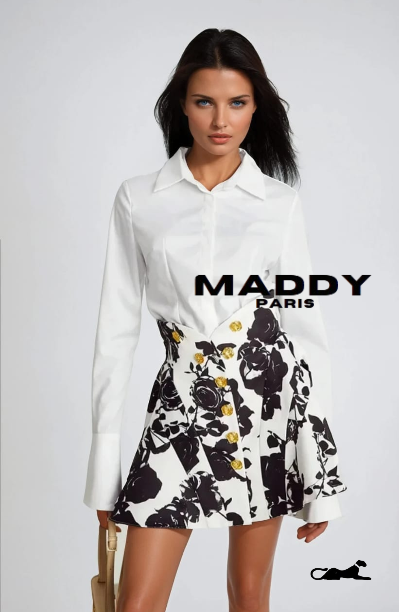 Léonor floral-print shirt & mini skirt dress matching set - Black and White